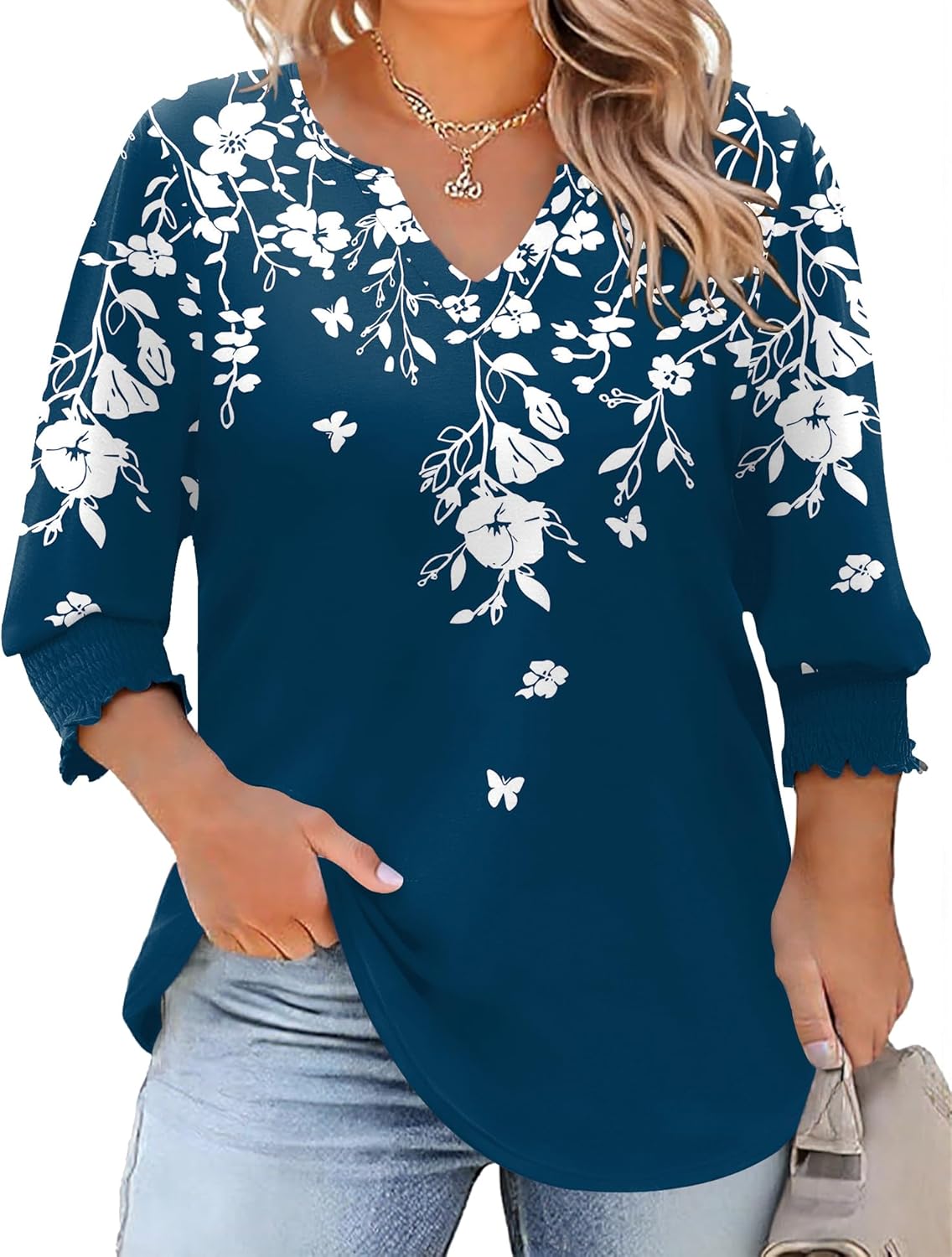 Rapbin Womens Plus Size Tops 3/4 Sleeve Blouses Shirts Casual V Neck Loose Tunic Tops 1X-5X