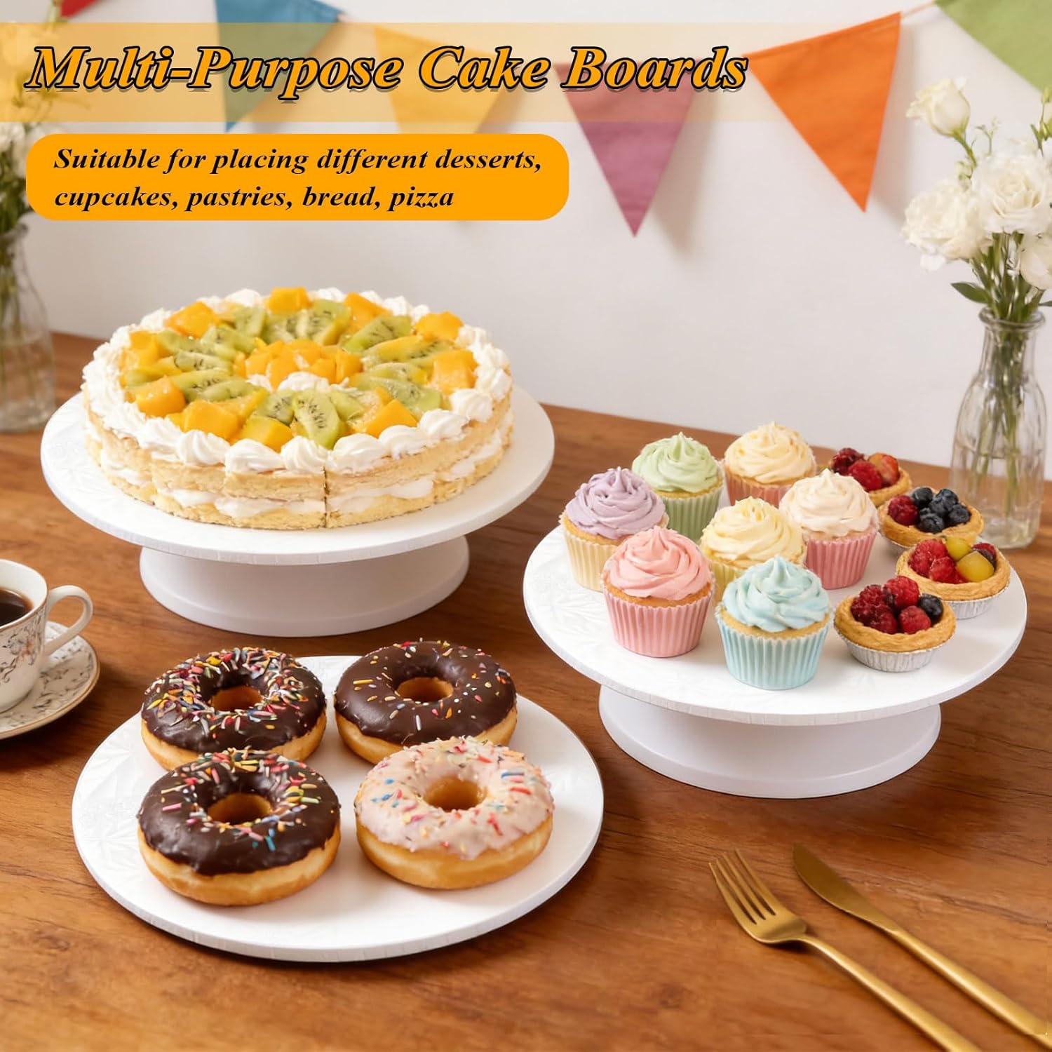 12 Inch Round Cake Boards, 1/4" Thick Cake Drum, 12PCS White Cardboard Cake Bases for Wedding Birthday Party, Oil-Proof Paper Plate Circle Serving Tray para Pasteles Pizza Desserts