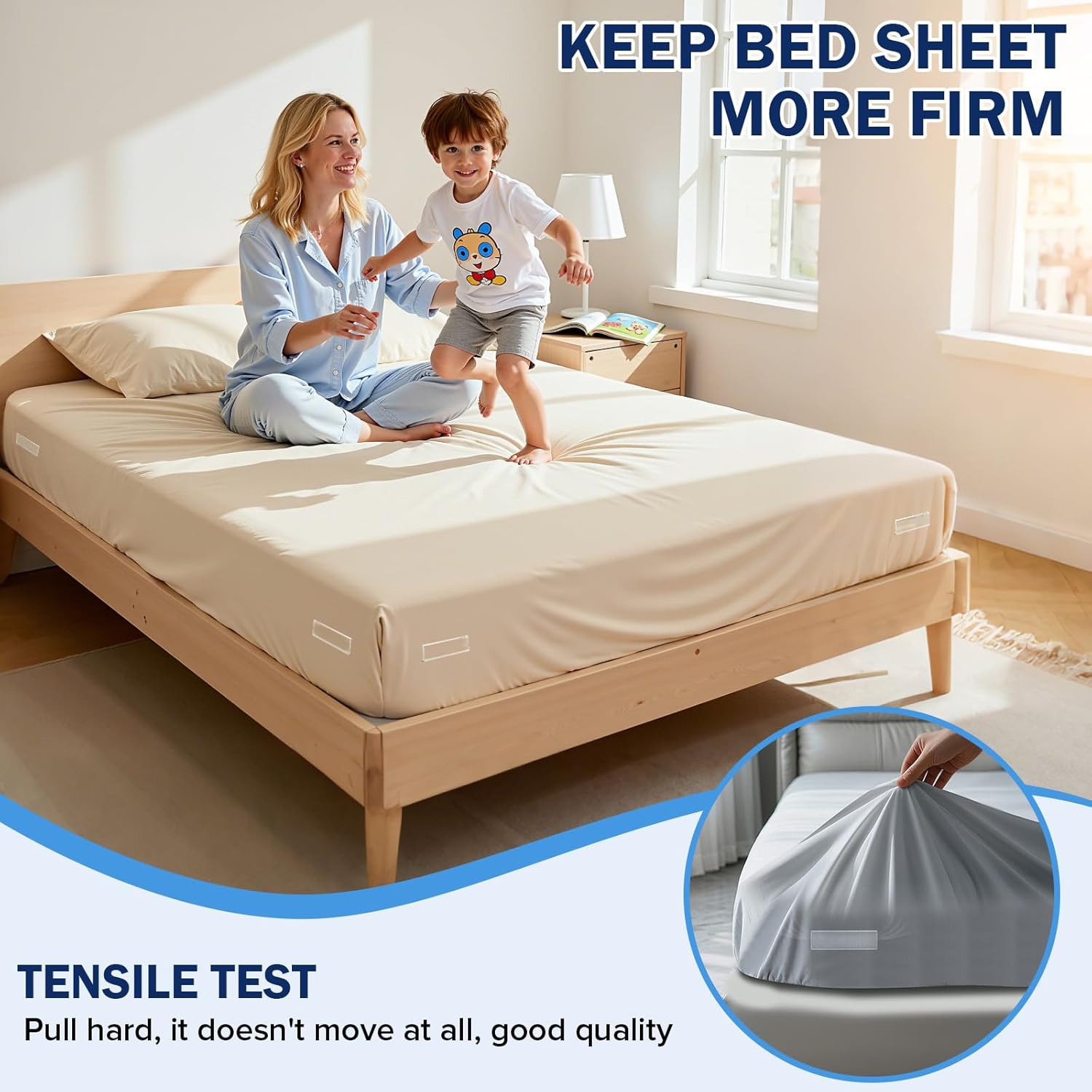 Bed Sheet Holders for Corners, 4PCS Sheet Straps – Lock Fitted Sheet Clips Keep Sheets Firm & Tight, Easy Installation for All Mattress Sizes（ White）