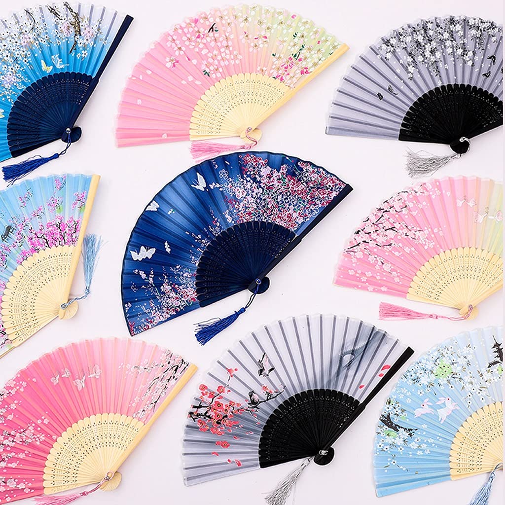 Abanico de mano Plegable Paquete de 2 Abanicos de mano con borlas, Abanico plegable de estilo antiguo Hanfu, Abanico de bambú pequeño plegable portátil Abanico plegable de mano chino (Color : E) (F)