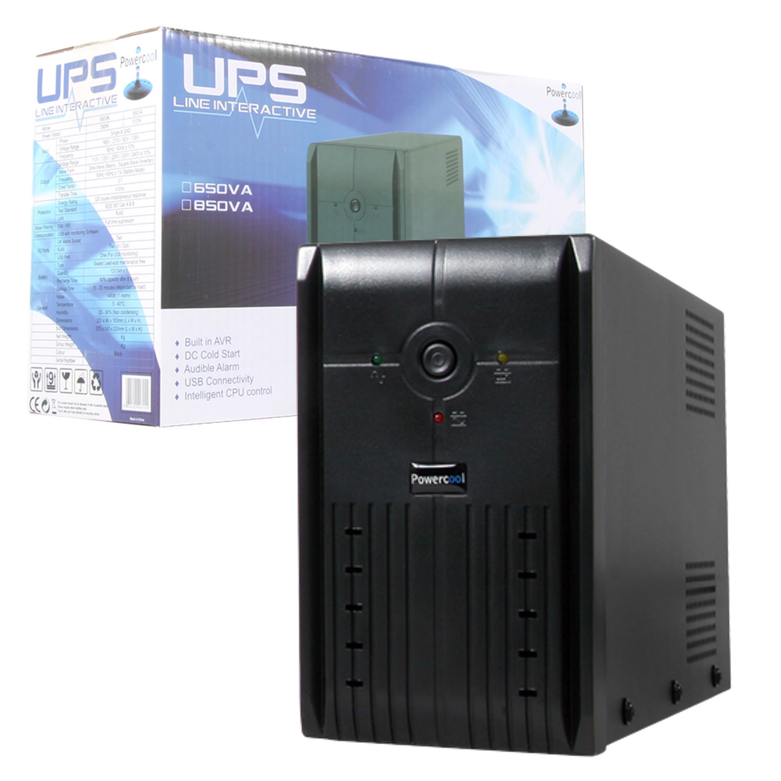 850VA Smart UPS Battery Backup – 510W Line-Interactive Uninterruptible Power Supply with AVR, RJ45 Surge Protector, USB Monitoring, 2× UK Outlets, Generator Compatible | 12V 7Ah Battery