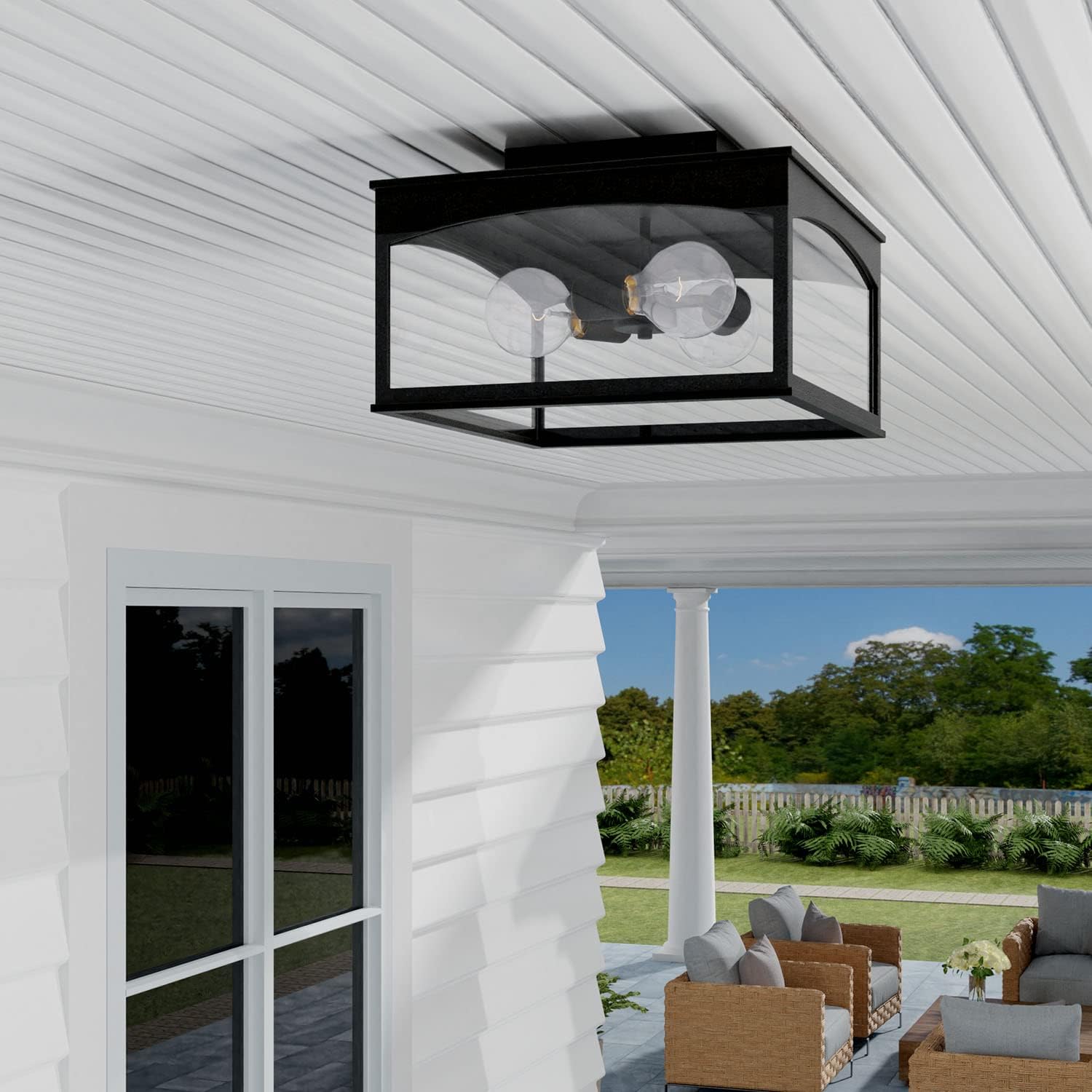 Capital Lighting 946731BK Burton Clear Glass Outdoor Flush Mount Ceiling Light, 3-Light 180 Total Watts, 9" H x 14" W, Black