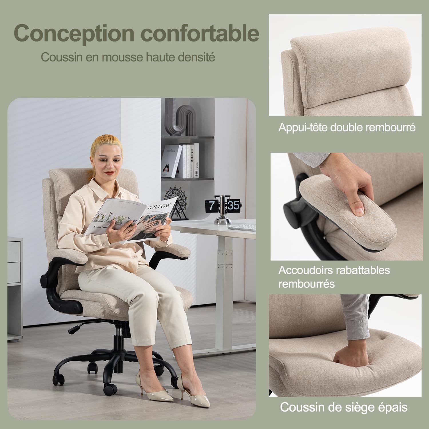 CASTLOVE Chaise de bureau ergonomique avec dossier, accoudoirs rabattables, dossier haut, hauteur réglable, fonction bascule, chaise de bureau en tissu beige, charge maximale : 150 kg