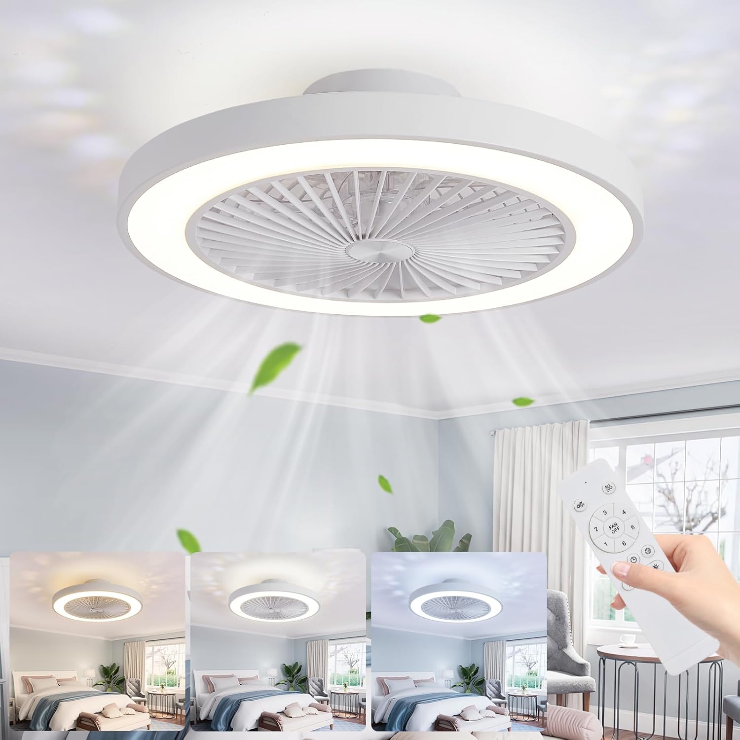 20" Flush Mount Ceiling Fan with Lights and Remote Low Profile Ceiling Fan Light 6 Speeds 4000LM 34W Fandelier LED Fan Light Smart Timer Dimmable for Dining Living Room