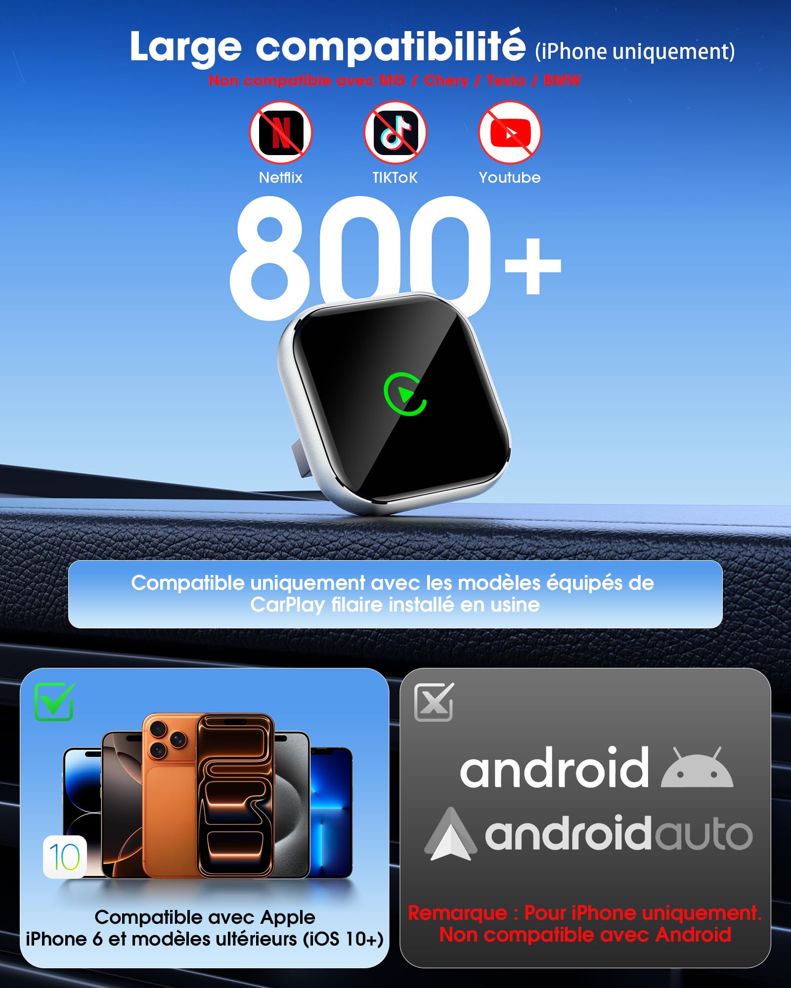 Boîtier CarPlay sans Fil pour GPS Portable pour Voiture – pour écran monté sur Tableau de Bord, convertit CarPlay Filaire en sans Fil, Compatible système d’Origine (2016+) Uniquement pour iPhone