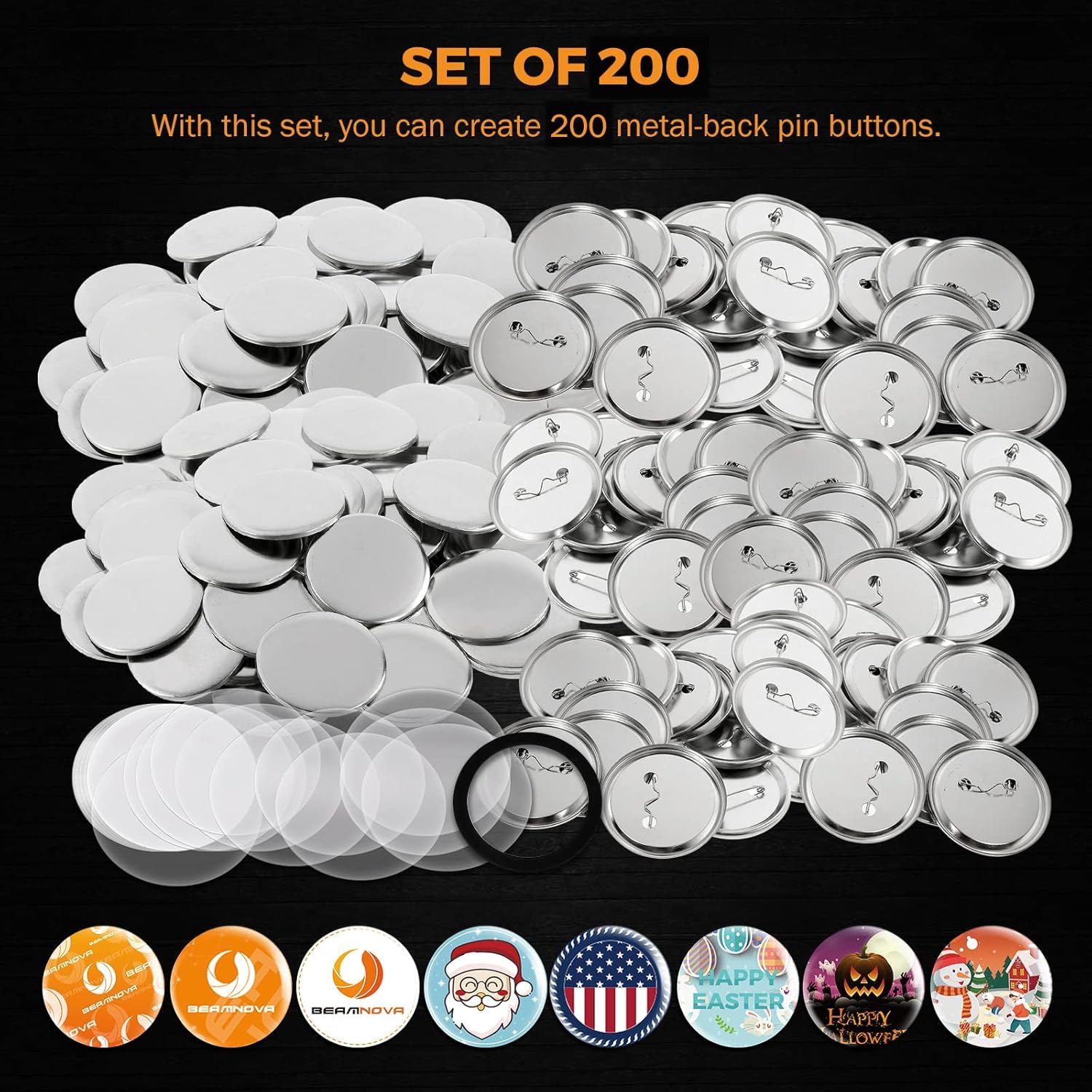 BEAMNOVA 200 Sets von Metallknopfteilen für Knopfmacher, runde Stiftmacher, 75 mm, jedes Set enthält Metalloberseite, Metallclip unten und Kunststofffolie