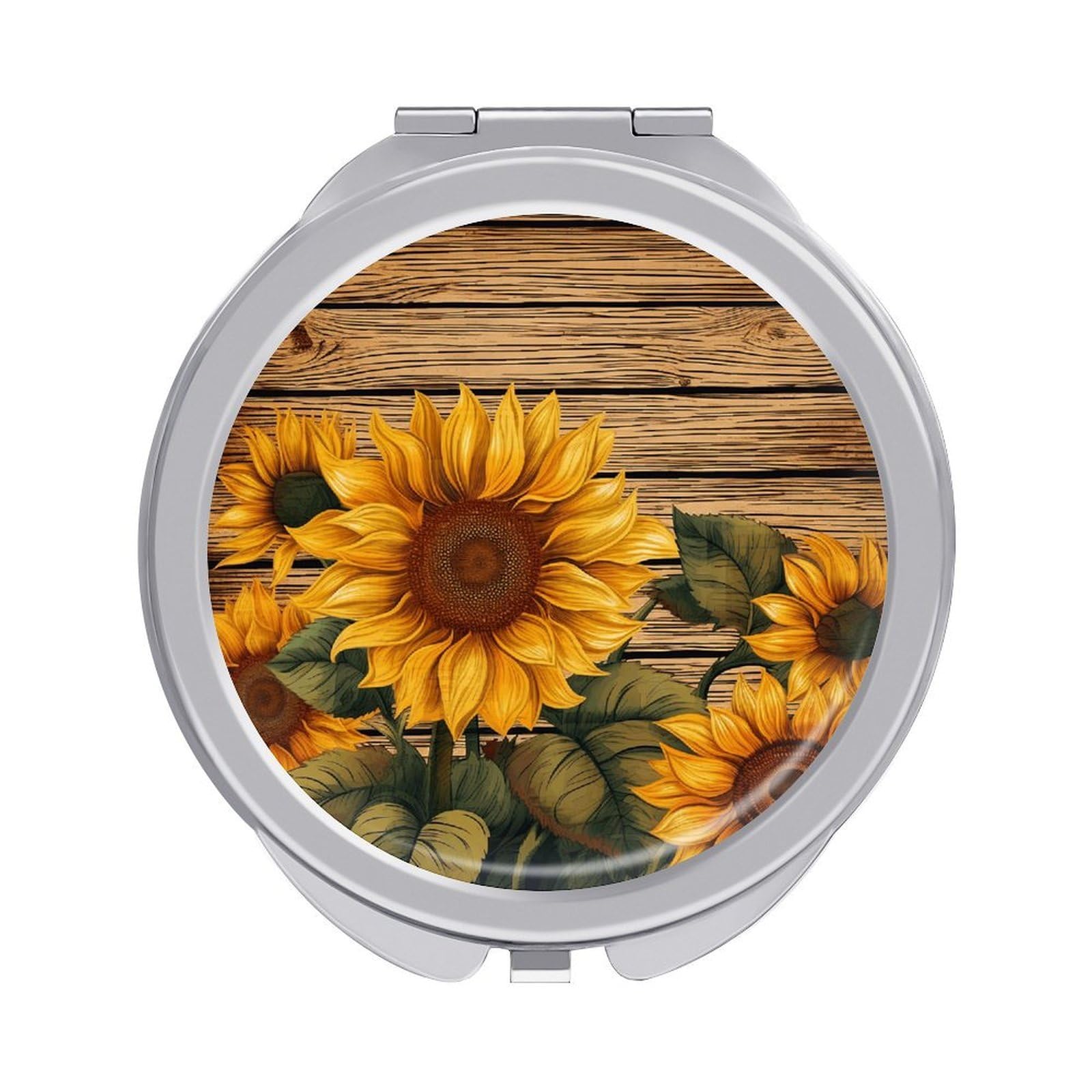 VstaDank Paint Wooden Board Sunflower Travel Makeup Mirror Cute Compact Mirror for Women 1X/2X Magnifying Metal Pocket Makeup Mirrors Folding Round Makeup Mirrors for Handbag Wallet & Gift