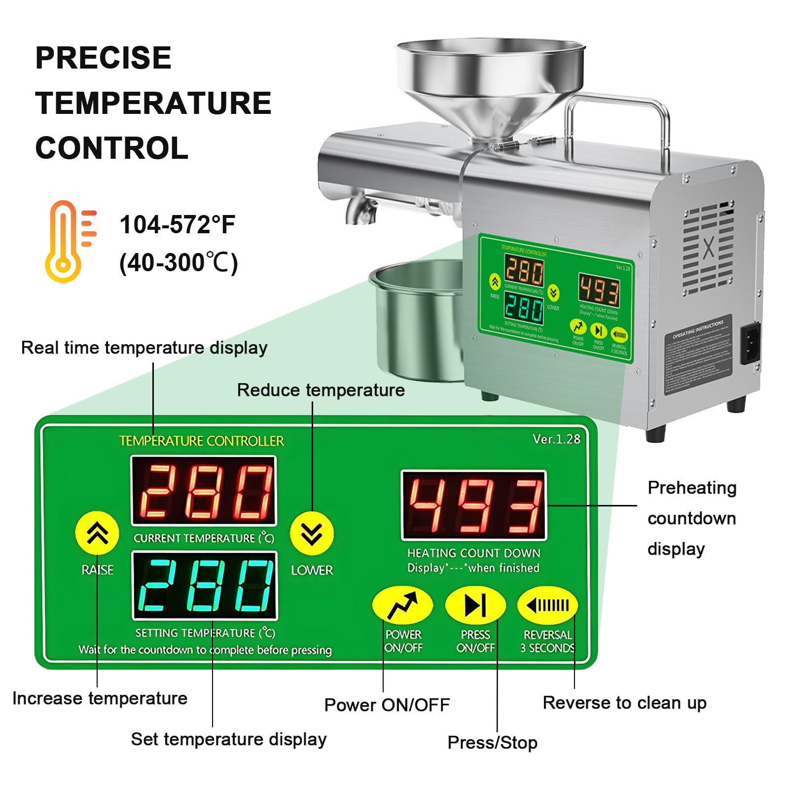 Automatyczna prasa do oleju o mocy 1800W, prasa do tłoczenia oleju na zimno i na gorąco, elektryczna wyciskarka oleju ze stali nierdzewnej o temperaturze 40–300℃ do orzechów włoskich, pestek oliwek