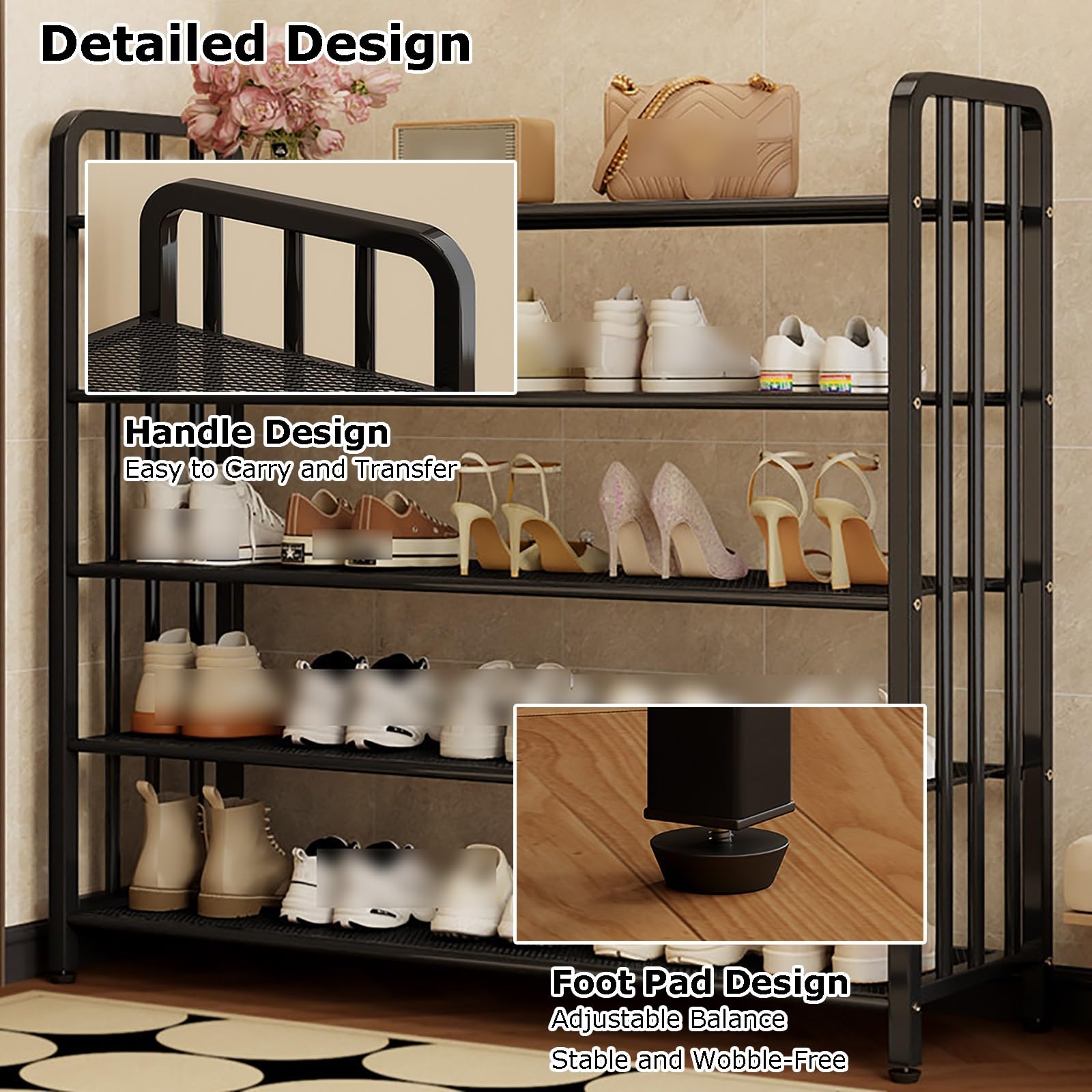 5-Stöckiges Schuhregal Metall, Schuhständer Schmal, Freistehendes Schuhregale für Eingangsbereich, Garderobe und Flur(Gold,100x28x90cm/39x11x35in)