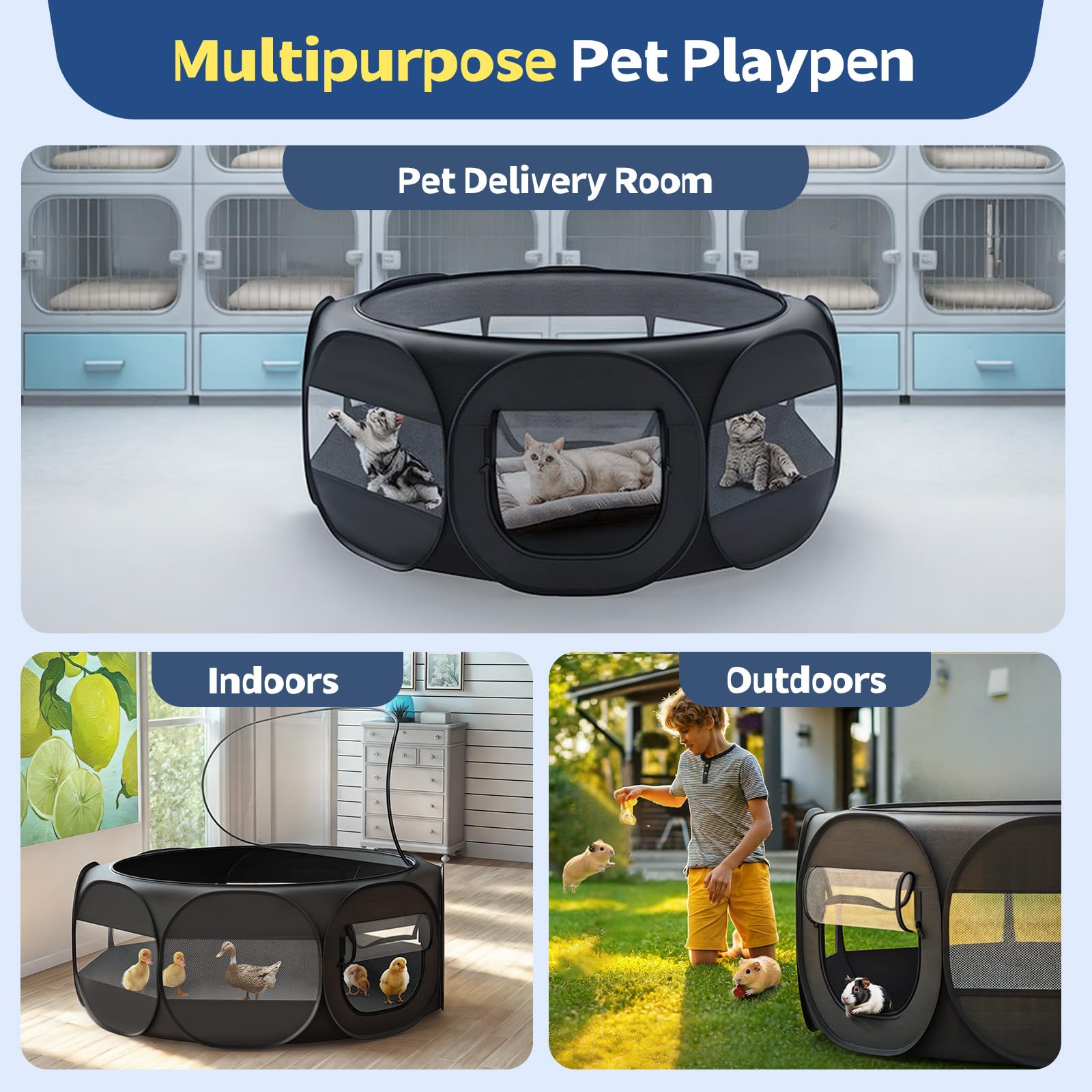 VavoPaw Box per Piccoli Animali, Tenda per Gatti Traspirante con Copertura a Cerniera Rimovibile e Base Impermeabile, Recinto Portatile per Cuccioli, Gattini, Conigli, Uso Interno/Esterno, Nero