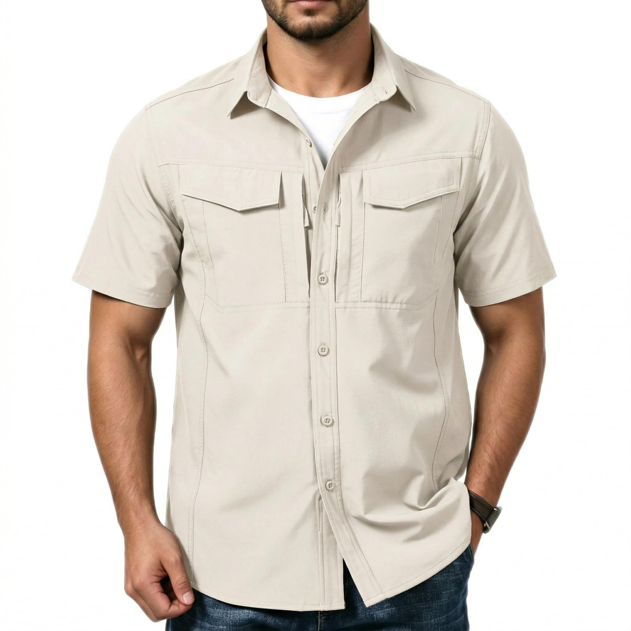 EIGIOO Men's Short Sleeve Quick-Dry Fishing Shirts | UPF 50+, Vented Back, Lightweight & Packable, Wrinkle & Stain Resistant, Durable Water-Repellent. Ideal for Outdoor Wear.