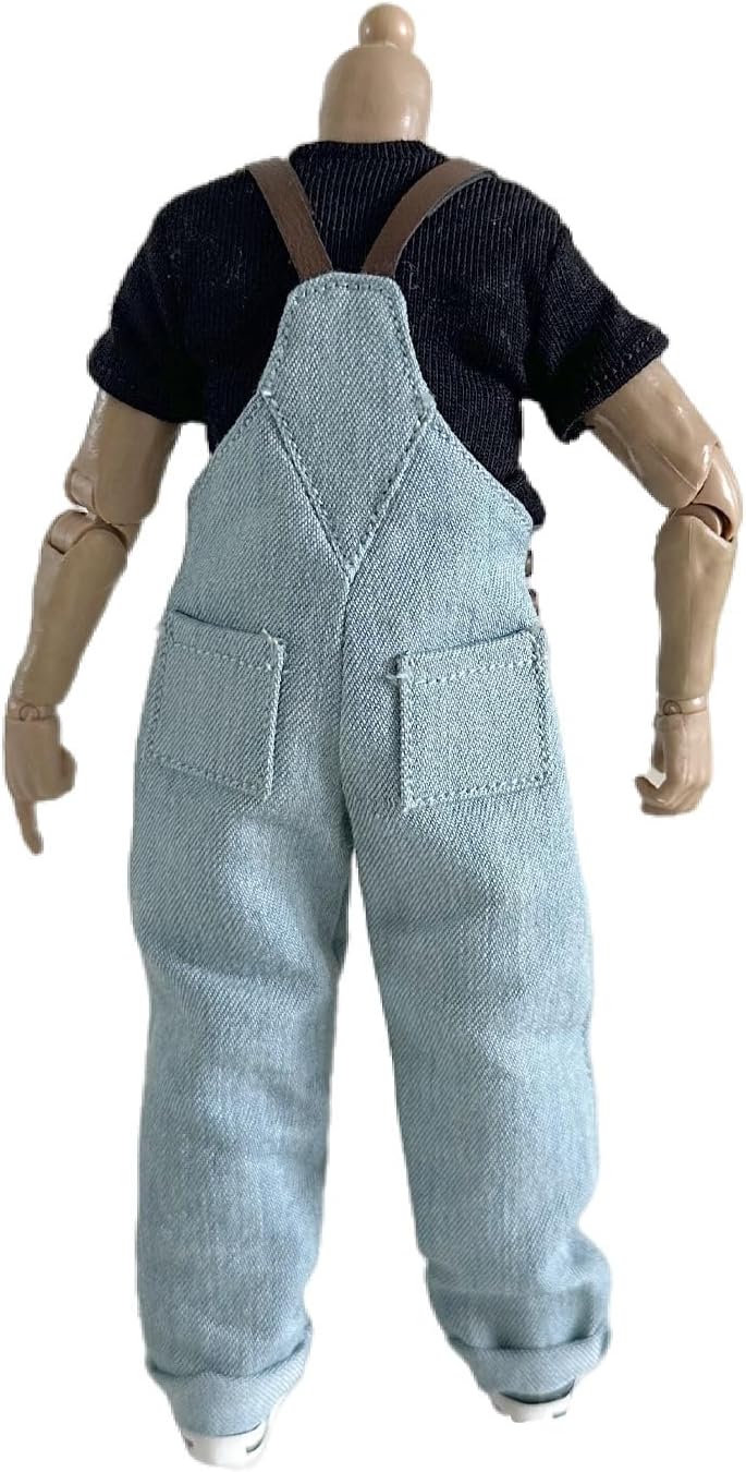 1/12 Action Figure Clothes,Backpack Pants for 6" Male Action Figures,1:12 Scale Miniature Pants,Strong Male Denim Overalls. (Color-Blocked Style-Light Blue)
