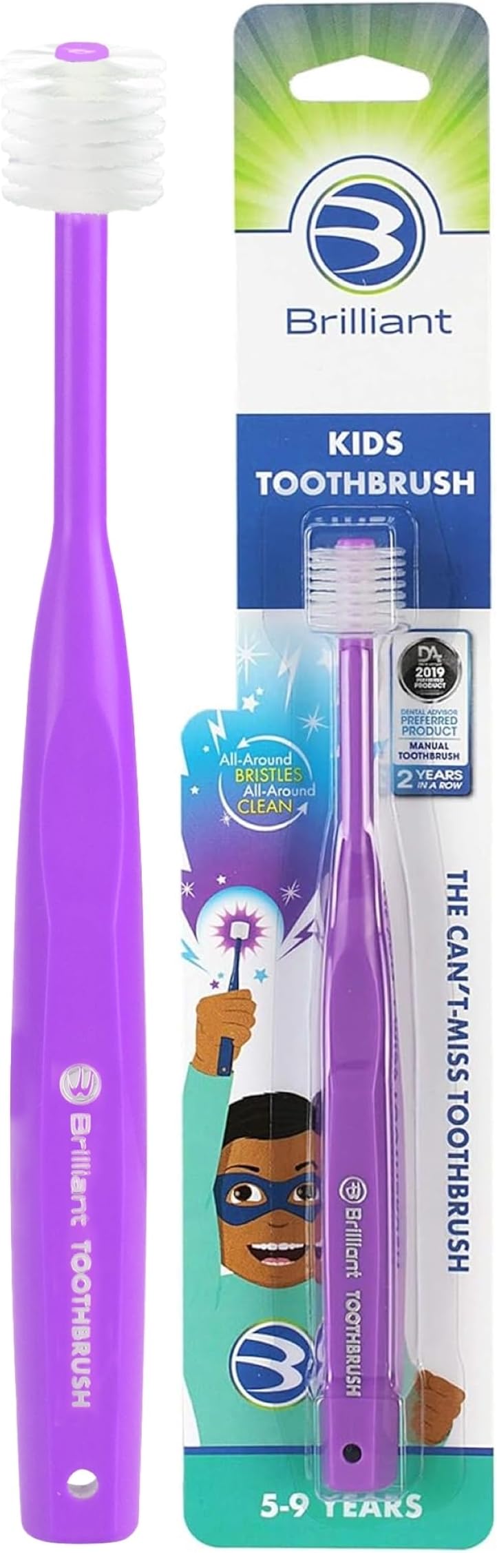 Brilliant Oral Care Kids Toothbrush with Soft Bristles and Round Head, for a Child Approved, Easy to Use All-Around Clean Mouth, Ages 5-9 Years, Purple, 1 Pack