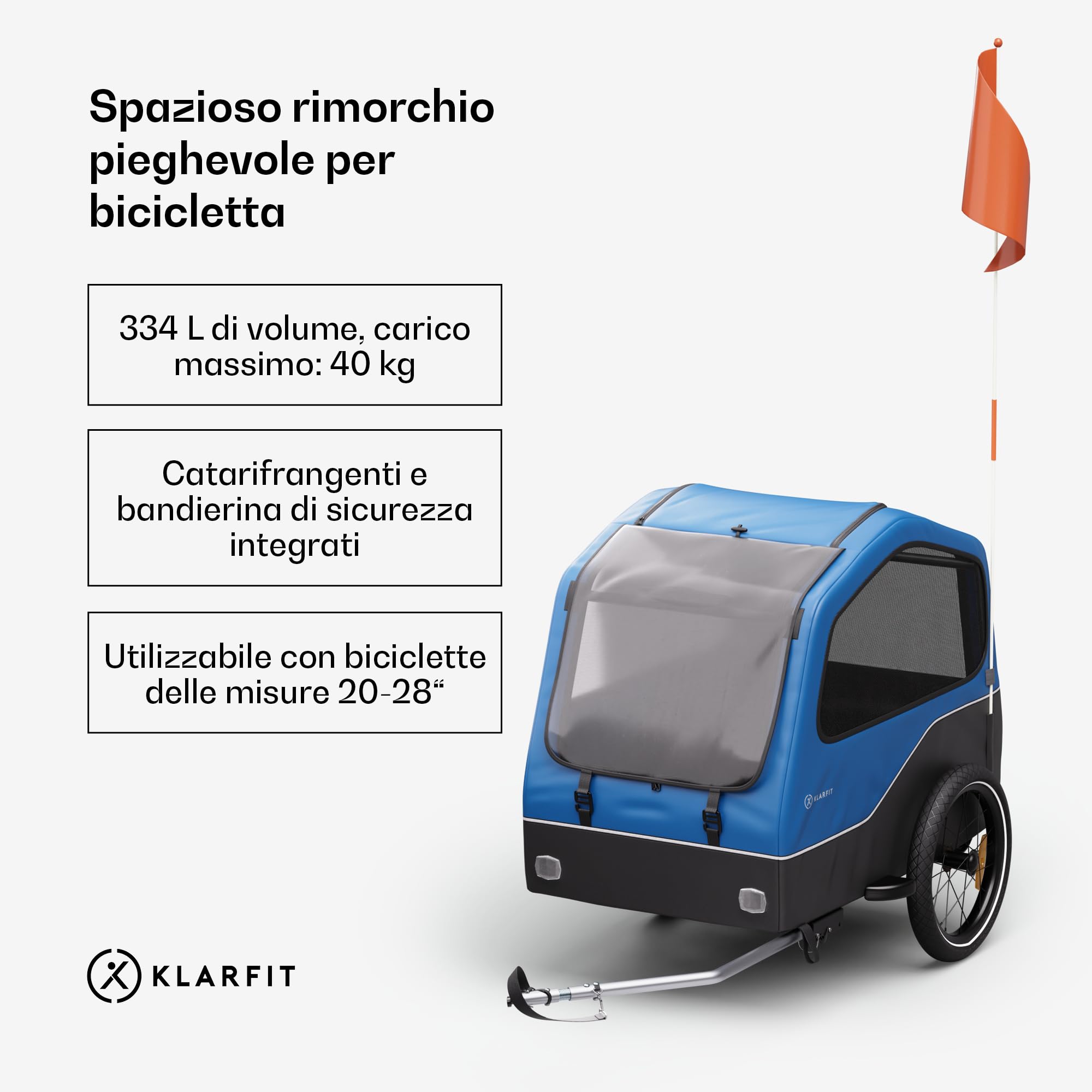 Klarfit Goldie Home - Rimorchio da Bici per Cani, Volume di 334L, Idrorepellente, Catarifrangenti & Bandierina di Sicurezza, Capacità di Carico di 40kg, Pieghevole, Ruote da 16 Pollici, Blu