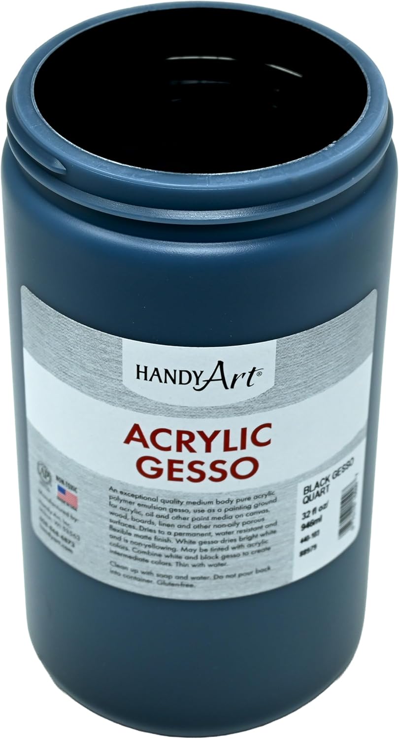 Handy Art Acrylic Gesso, 32 oz, Black, Primer for Canvas, Wood, & Artist Painting Surfaces, Enhances Acrylic Paint Adhesion, Low Viscosity, Thick Coverage, Certified Safe & AP Non-Toxic, Made in US