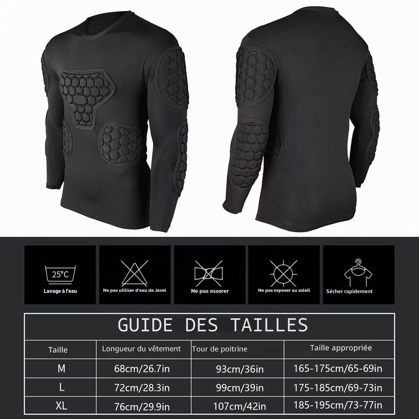 Maillot rembourré à manches longues pour enfant - Maillot de gardien de but - Noir - Maillot de football pour jeunes - Pour football, basket-ball, paintball, rugby, parkour
