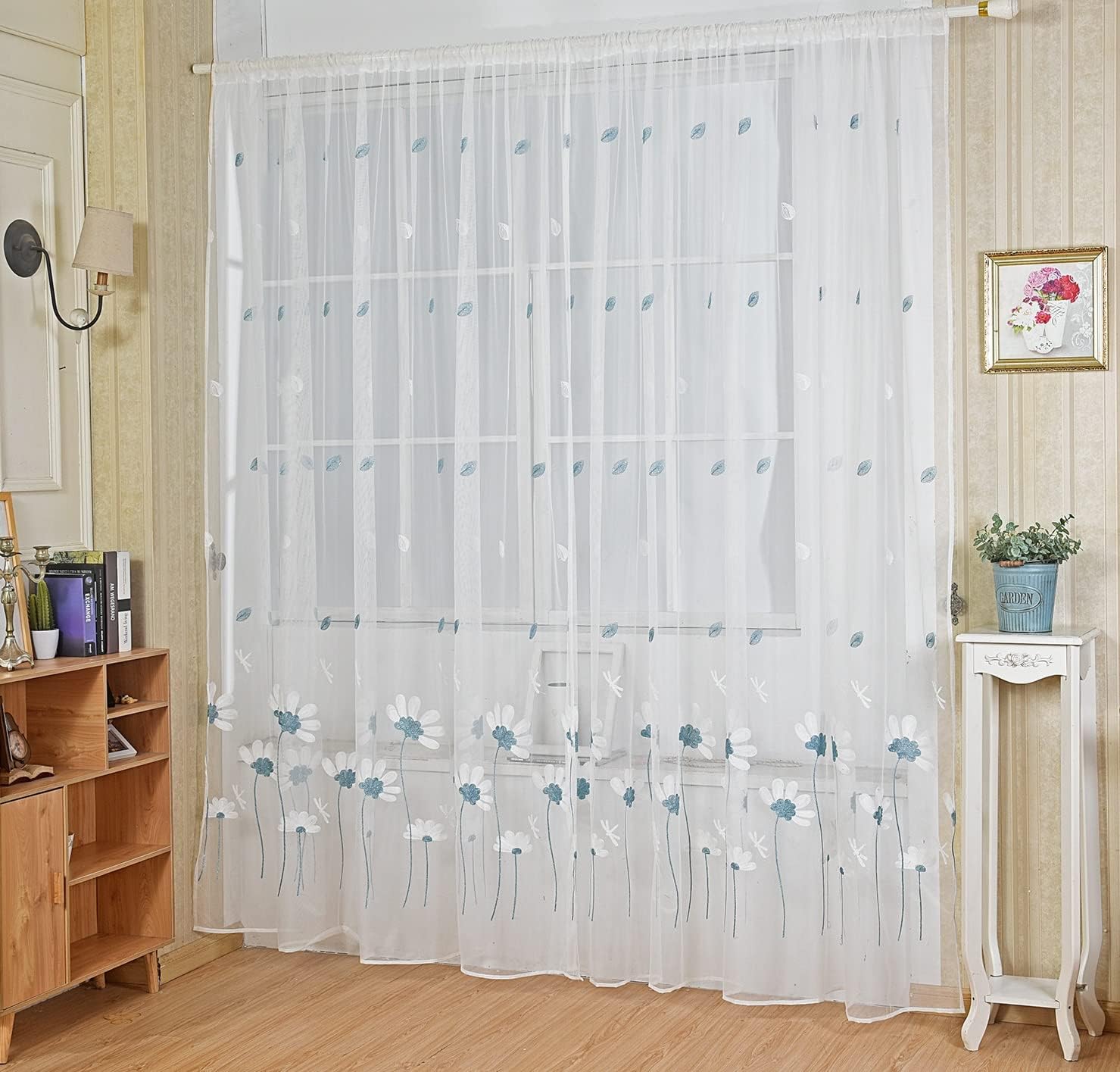 HooHero White Modern Light Luxury Small Chrysanthemum Embroidery 50 Width Sheer Curtains Home Decoration Rod Pocket Customzied Supported for Living Room Bedroom Doorway
