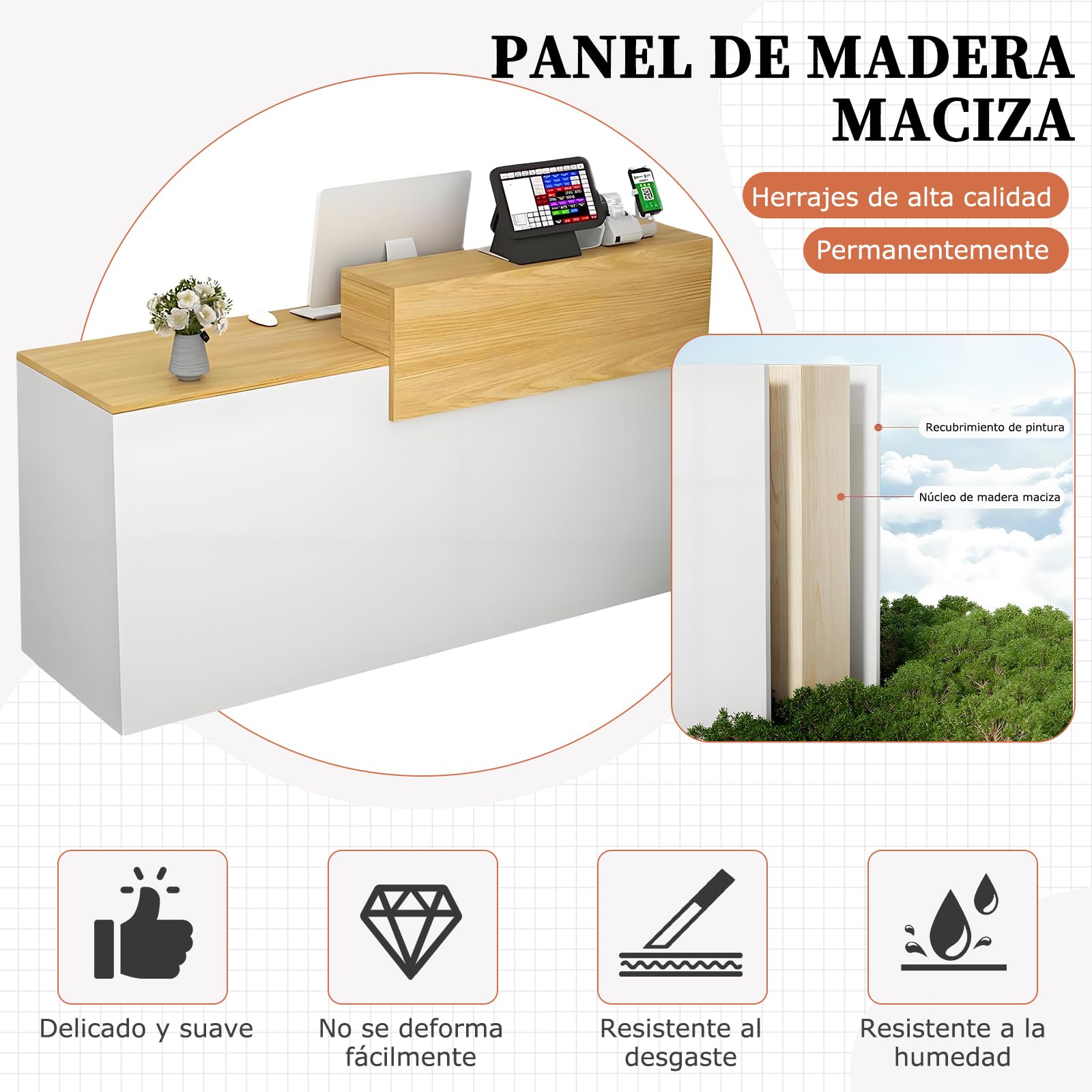 Mostrador Recepción Moderno en MDF, 100 a 240 cm Mueble de Oficina con Cajón y Estantes Abiertos, Ideal para Tiendas, Salones, Consultorios y Recepciones