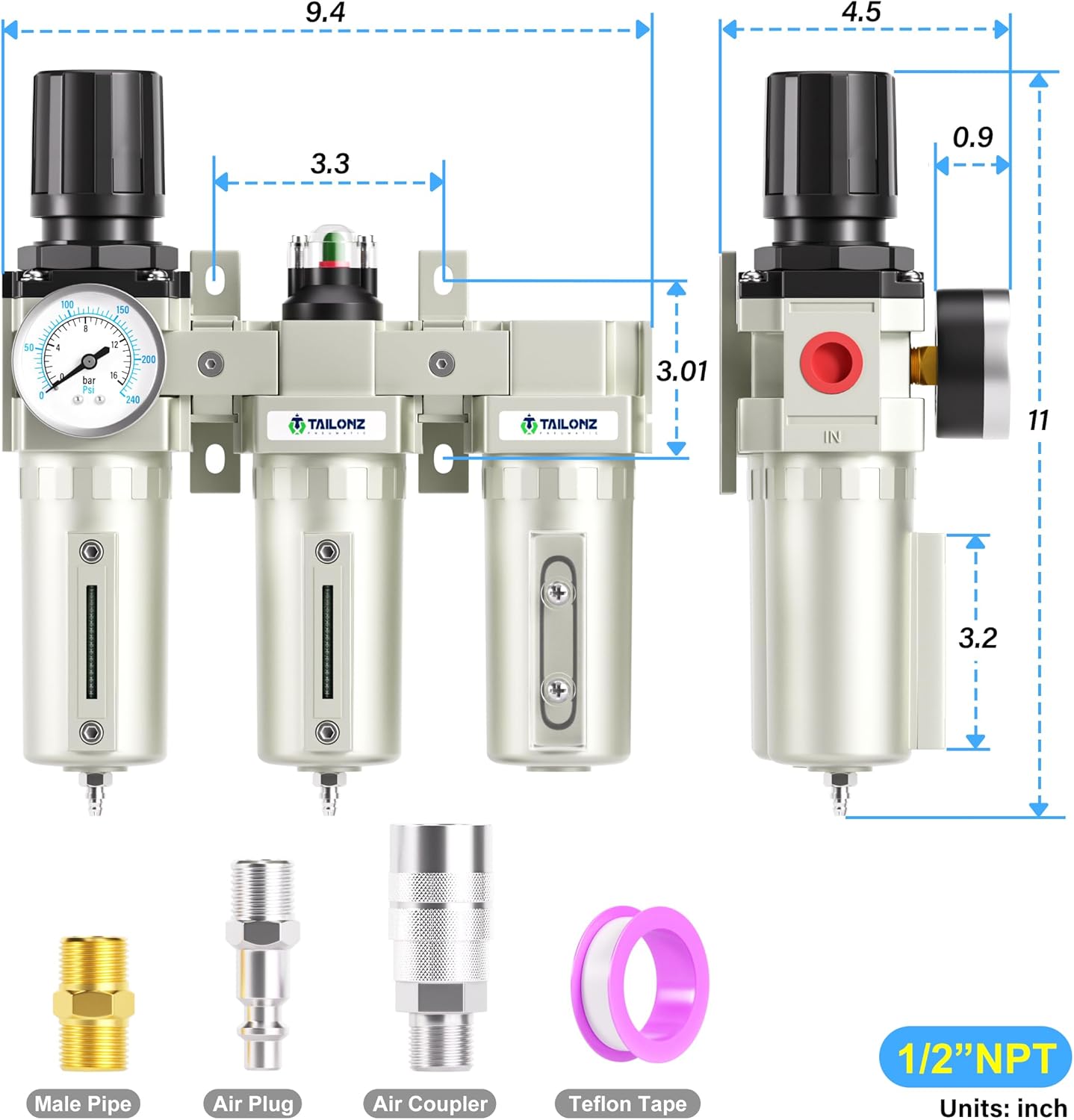 TAILONZ PNEUMATIC 0-240PSI 1/2 Inch NPT Industrial Grade Three Stage Air Drying System, Particulate Filter, Coalescing Filter, Desiccant Dryer and Air Regulator (Manual Drainage)