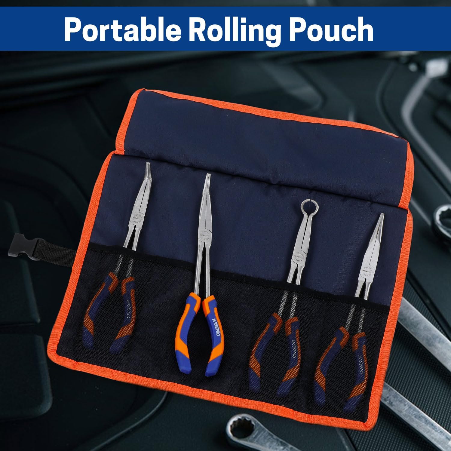 4 PCS 11 Inch Long Reach Pliers Set with Handle, Extra Long Needle Nose Pliers Set with Straight, 45°, 90° Bent Needle Nose and Circle Nose for Narrow Spaces