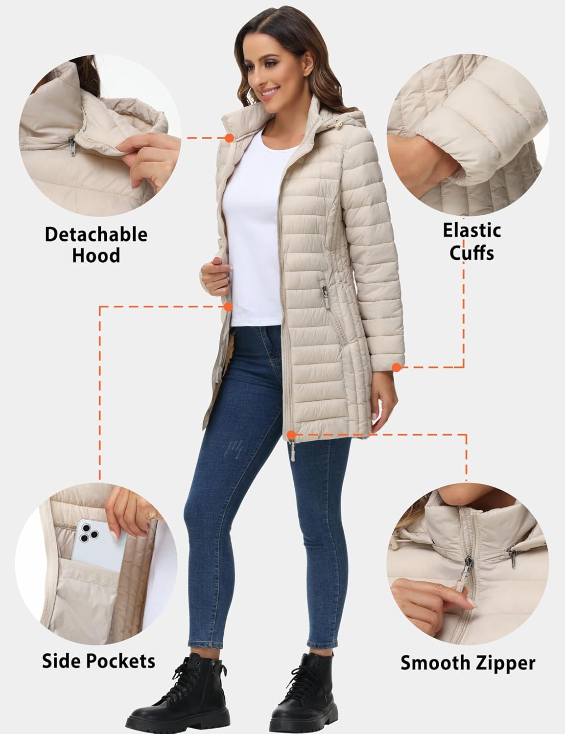 ROYAL MATRIX Women's Packable Puffer Jacket with Hood, Lightweight Quilted Travel Long Puffer Coat with Pockets - Image 4