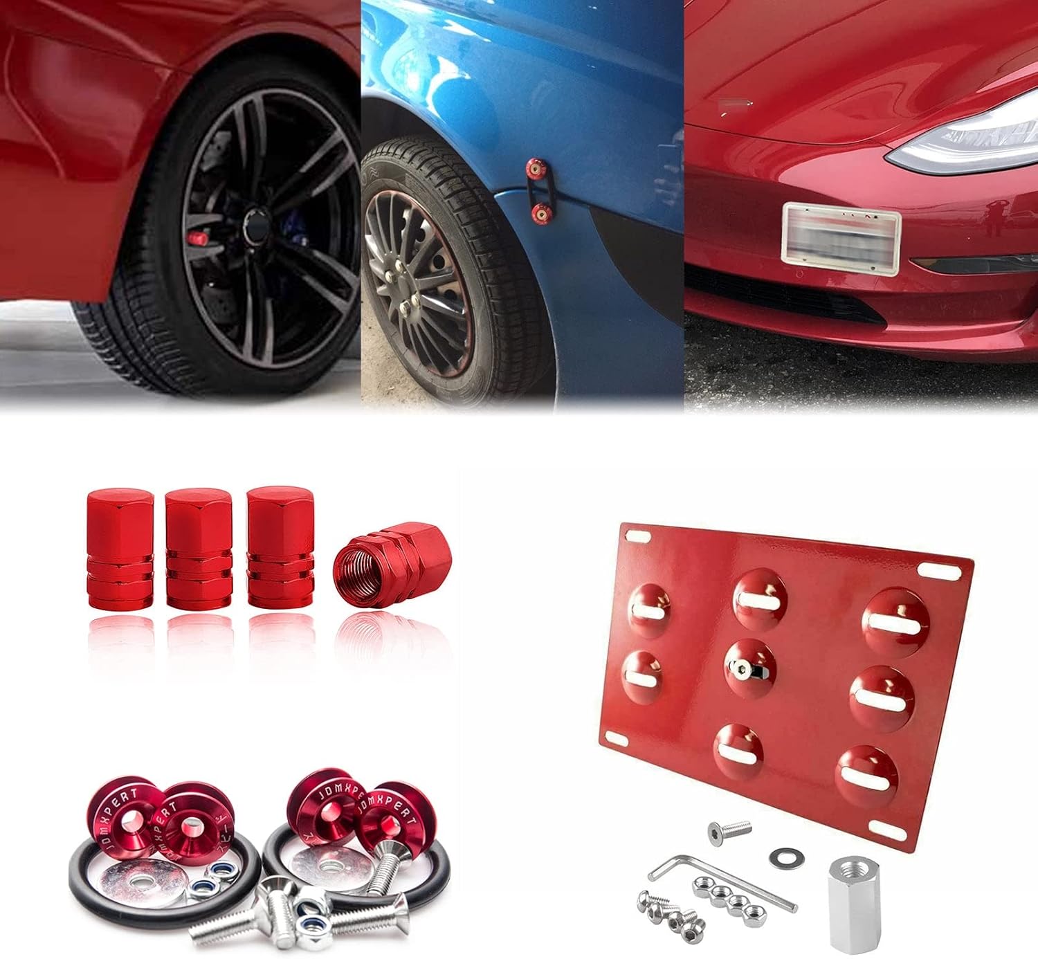 x xotic tech Set Aluminum Tow Hook License Plate + Wheel Stems Air Valve Caps + Bumper Release Fastener Hatch Lids Compatible with Porsche Cayenne 2011-2017 or Tesla Model 3 2017-2023 (Black)