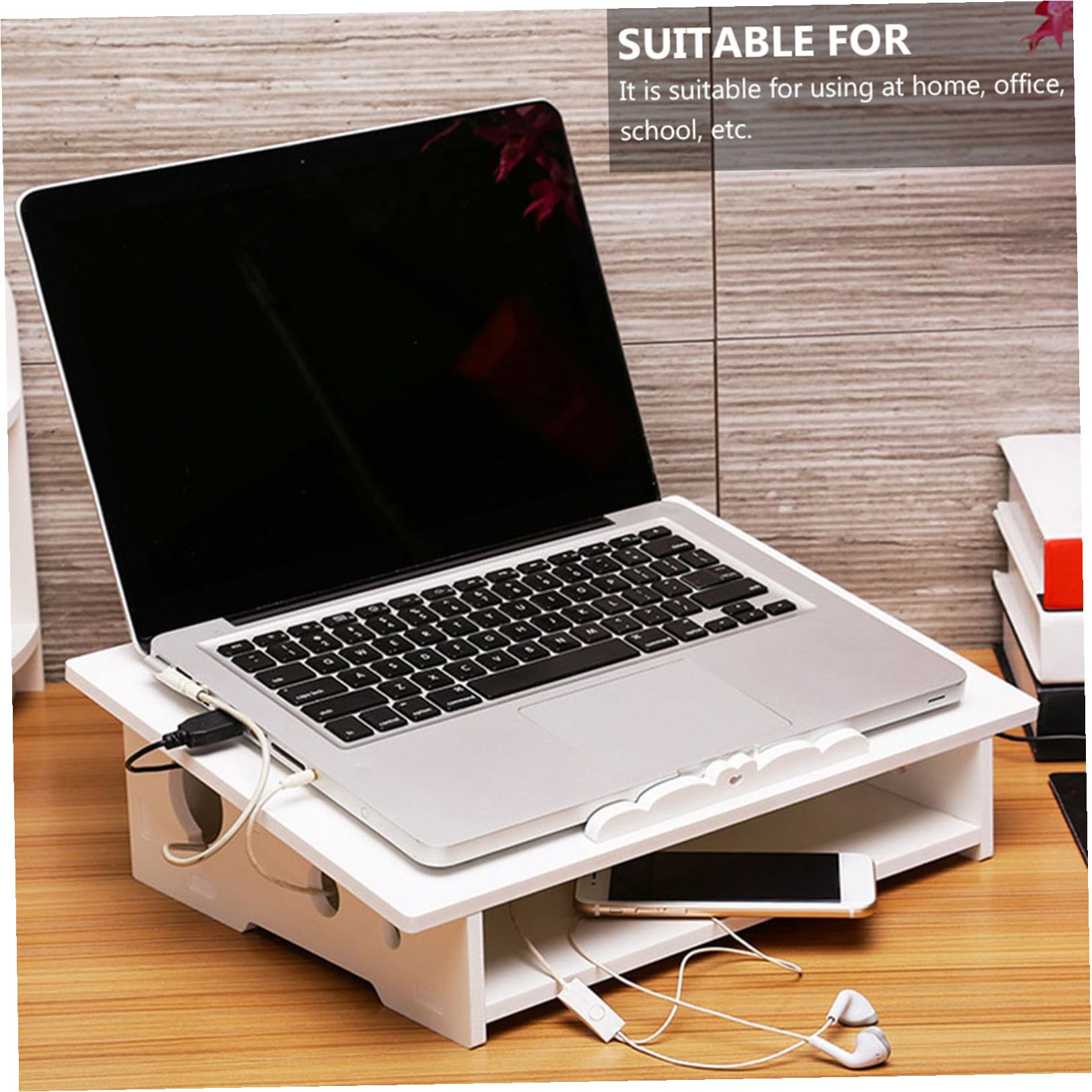 Supporto Verticale per Laptop Rialzato in Bianco in Legno