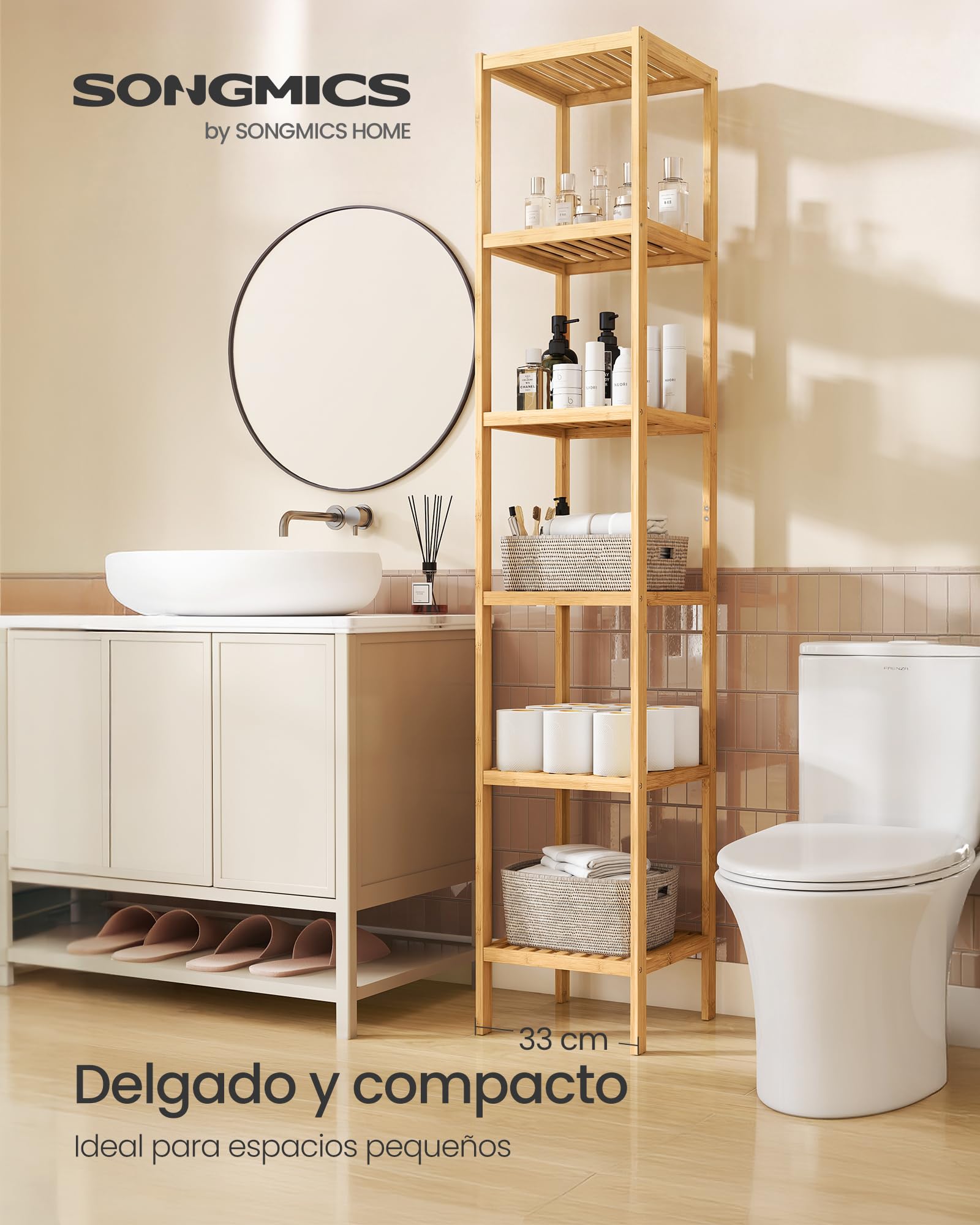 SONGMICS Estantería de Bambú de 6 Niveles de bambú, Estantería Estrecha, Multifuncional, Estantería Esquinera, para Cocina, Sala de Estar, Dormitorio, Pasillo, Natural BCB056YL01