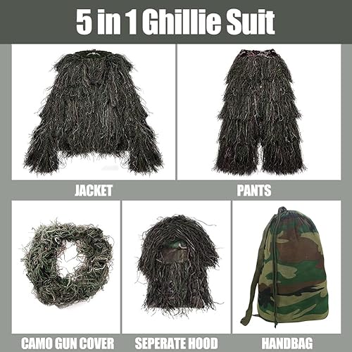 Miniatura 3 de Sibosen Traje Ghillie 5 en 1  Ropa de caza de camuflaje 3D que incluye chaqueta, pantalones, capucha, bolsa de transporte