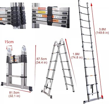 Telescopic Ladder Extendable Step Ladder Folding Multi Purpose Extension Ladders Portable A-Frame Ladder Stronger than others 3.8m/12.5ft(6.2FT+6.2FT)