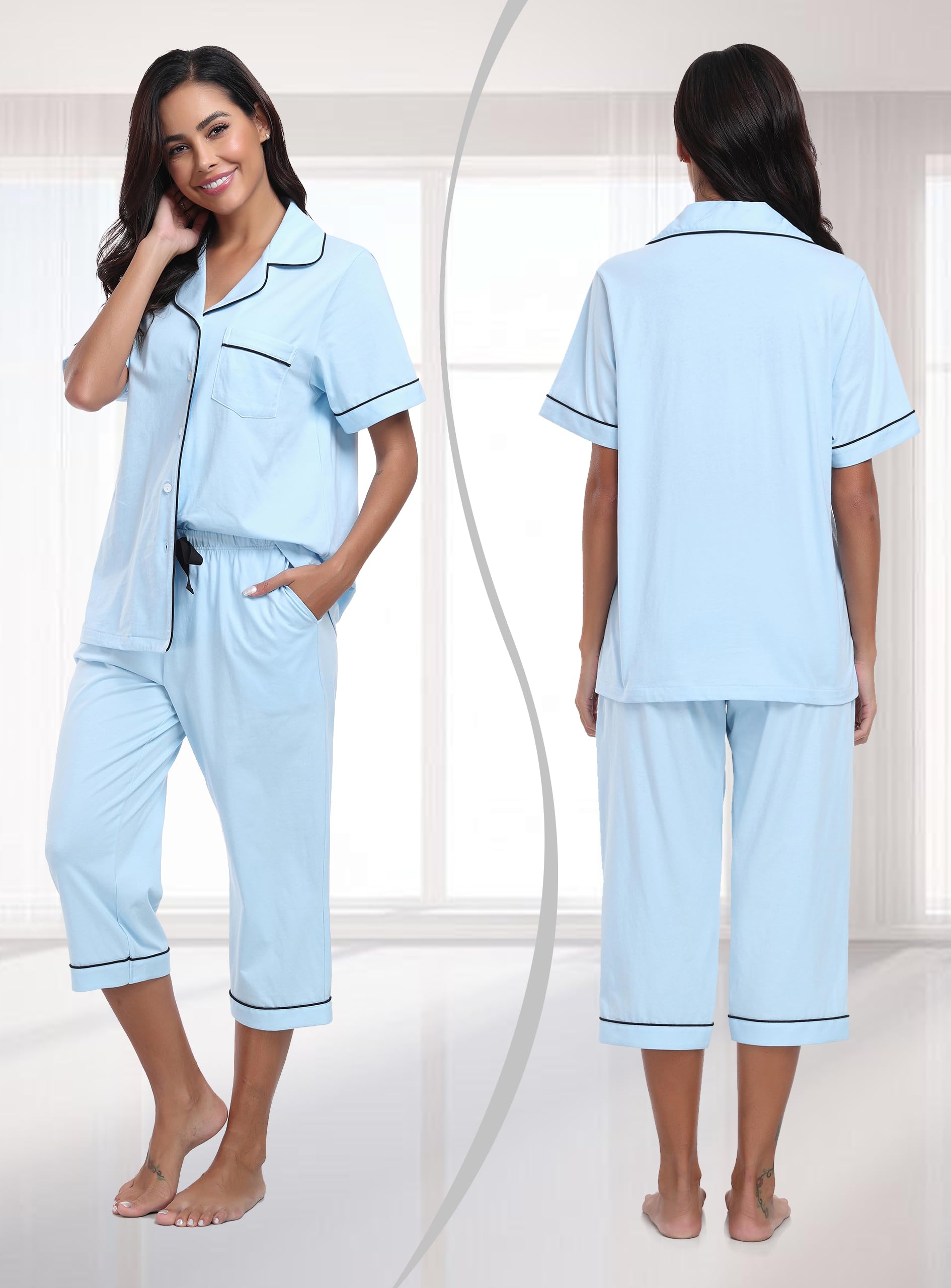 EA'S SECRET 100% Baumwolle Schlafanzug Damen Kurzarm-Oberteil 3/4 Hose Pyjama-Set V-Ausschnitt Knopfleiste Sommer S-XXL