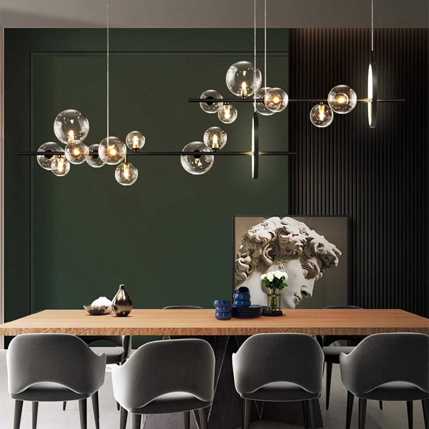 Globe Chandelier Light Fixture,Nordic Long Transparent Glass Ball LED Pendant Lights with Black Hardware lamp Body,Perfect for Living Room, Bedroom, Restaurant and Office