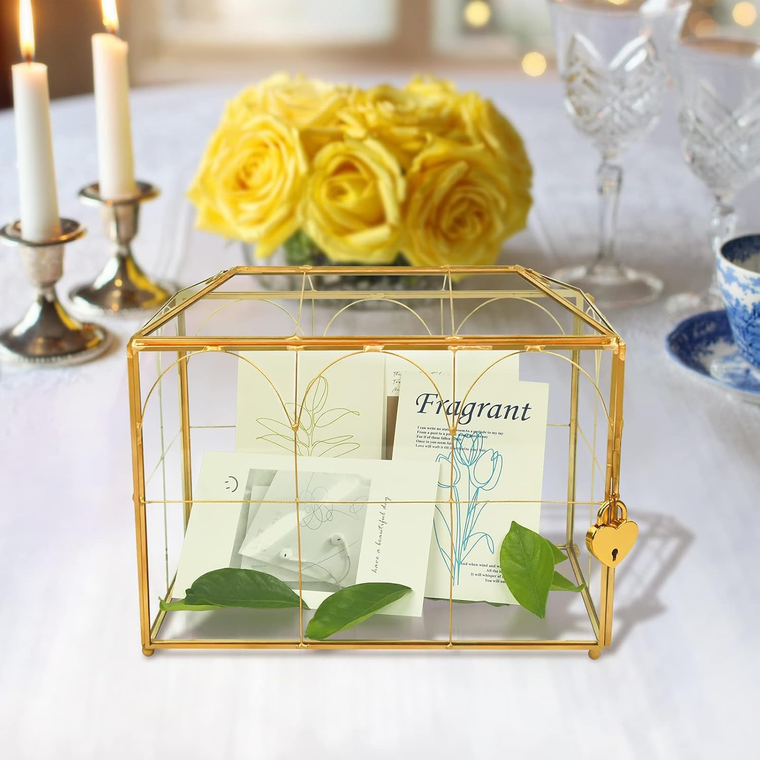 Wedding Gold Glass Card Box with Lock and Slot - Wedding Envelope Card Holder for Reception Handmade Gold Decorative Glass Terrarium, Party Centerpiece Gift Card Box Handmade Vintage Wedding Card Box