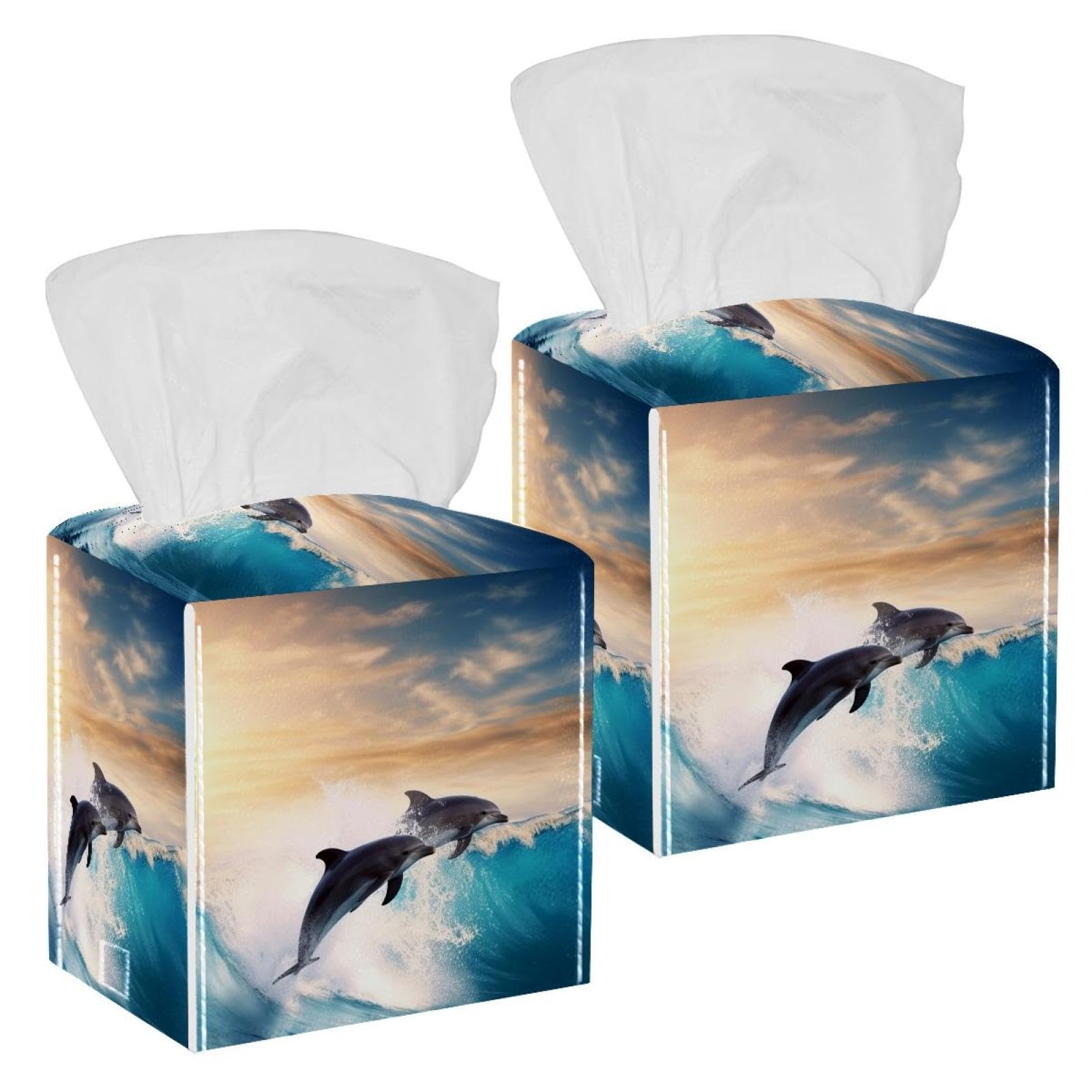 Dolphins Jumping Sea Wave Tissue Box Cover, 2 Pack PU Leather Square Facial Tissue Dispenser Box holder for Home Office Car