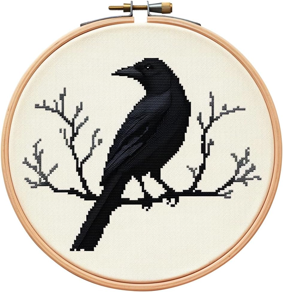 Cartoon Simple Black Crow Raven DIY Stamped Cross Stitch Kits Easy for Beginners Children with Hoop 11CT Needlepoint Counted Embroidery Kits Art Craft Wall Decoration 12x12inch(2)