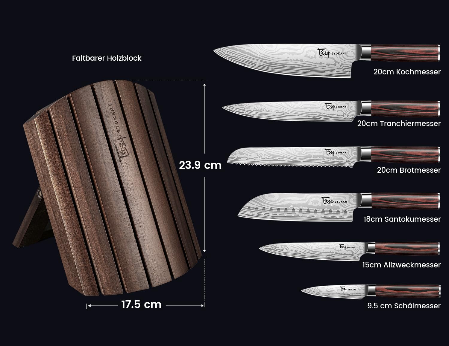SYOKAMI Messerset 7-teiliges Küchenmesser-Set im japanischen Stil mit faltbarem magnetischem Akazienholzblock, scharfer Karbonstahl für die Küche mit rutschfestem ergonomischem Griff