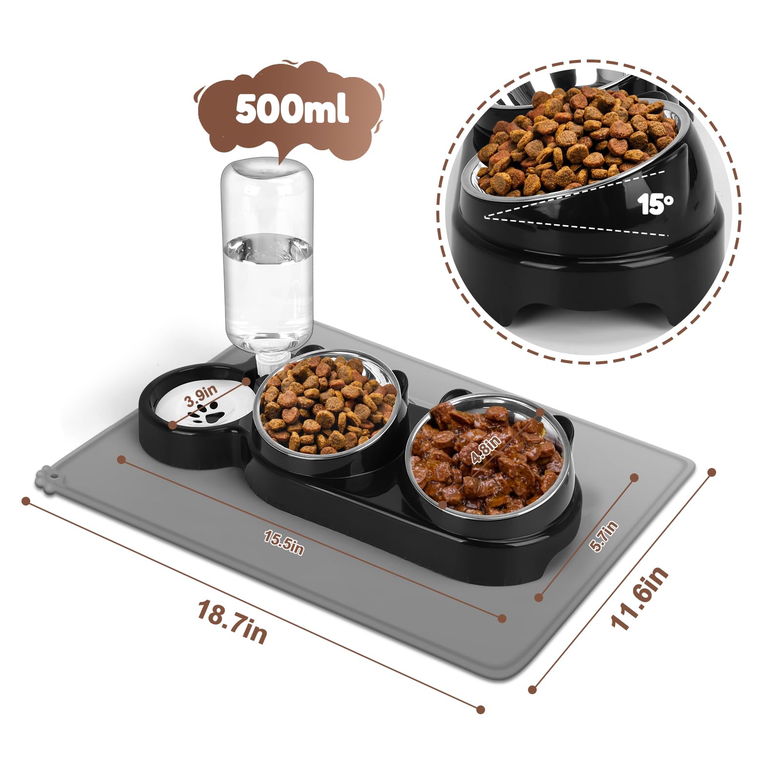 Ensemble de gamelles surélevées en acier inoxydable avec bouteille d'eau automatique et tapis imperméable pour chats/chiots, station d'alimentation 3 en 1 pour nourriture humide/sèche, noir