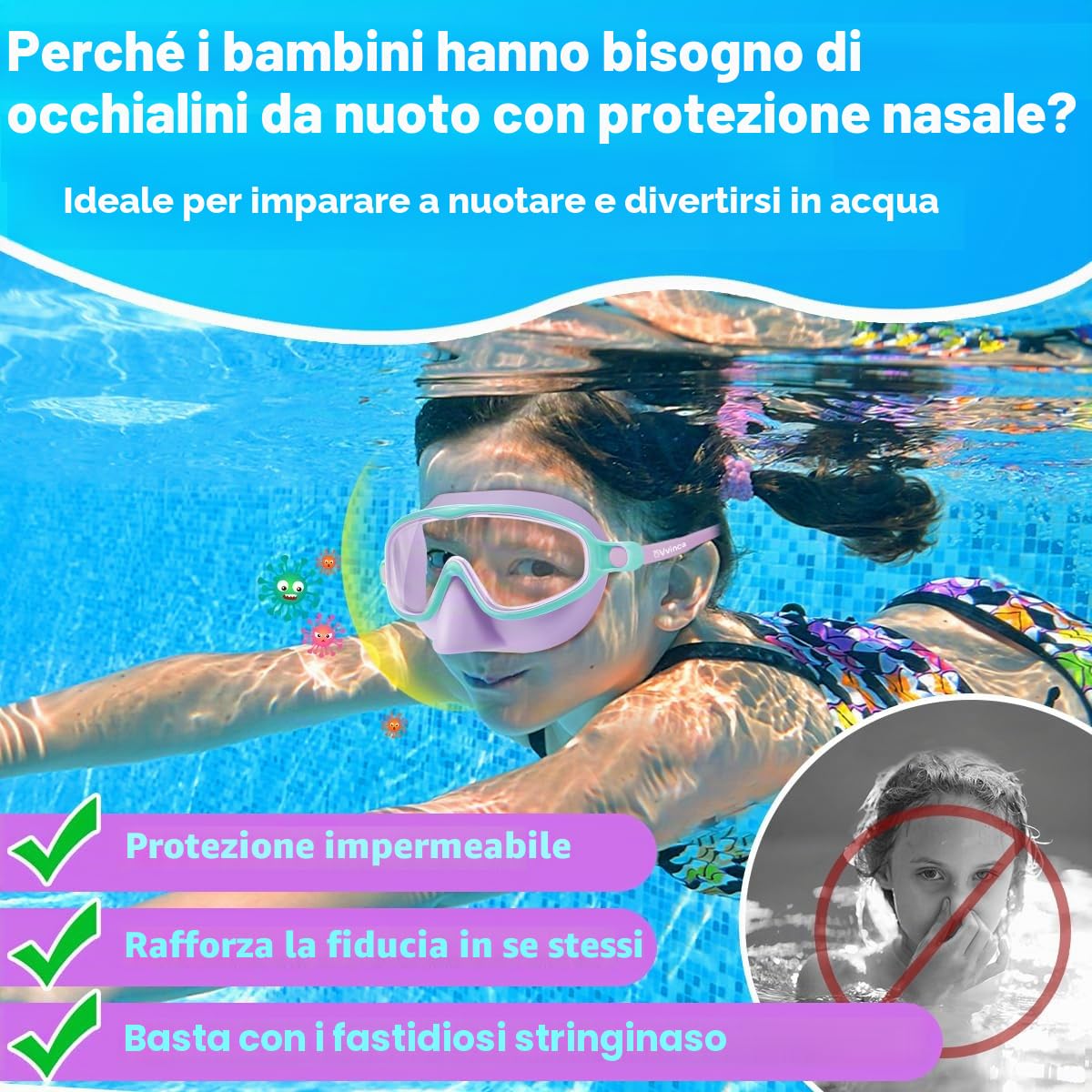 Vvinca Set di 2 occhialini da nuoto con protezione per il naso per bambini da 3 a 15 anni | Maschera subacquea grandangolare, impermeabile, anti-appannamento, protezione UV
