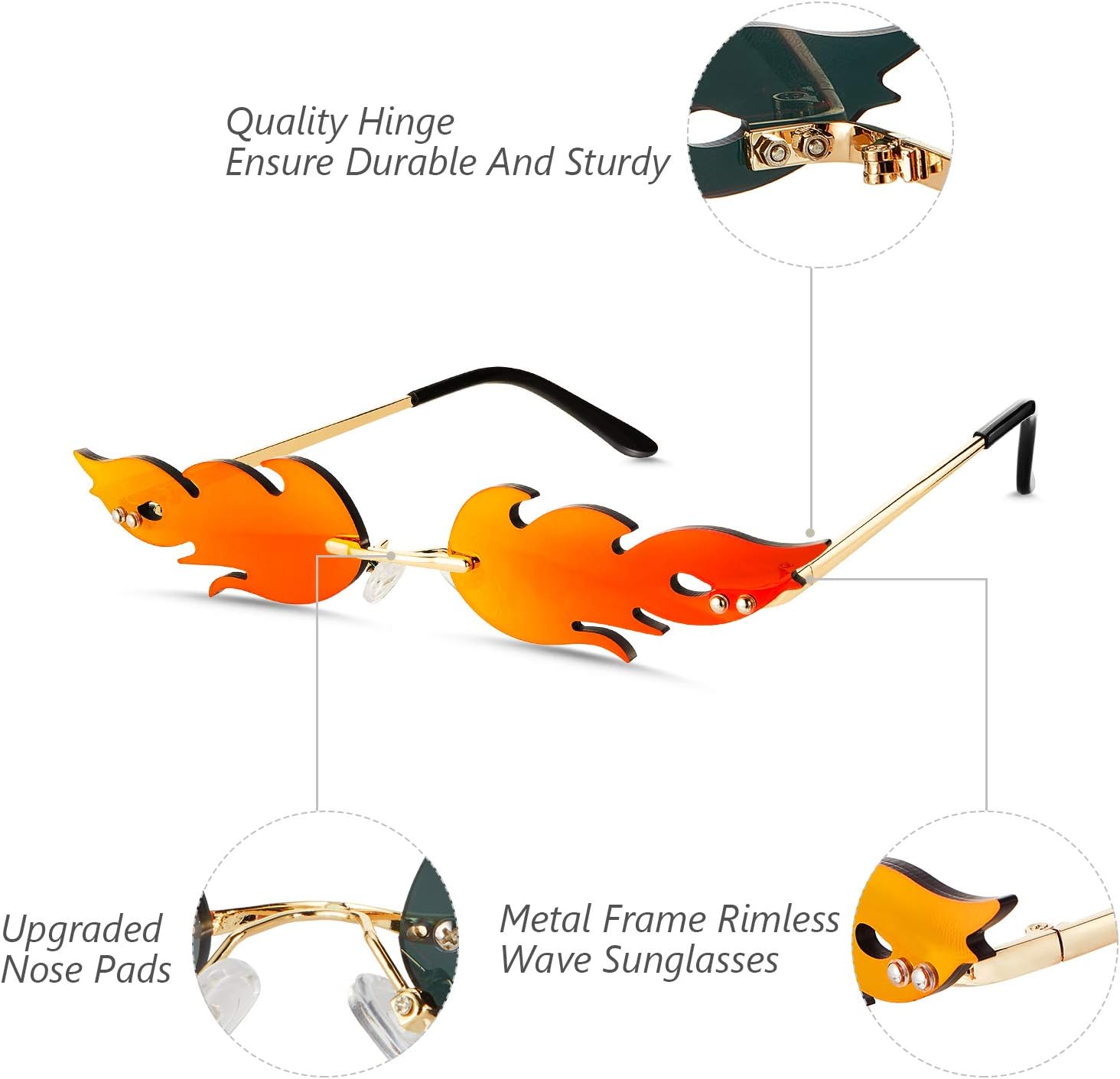 Frienda 2 Pairs Fire Flame Sunglasses for Women & Men Trendy Vintage 90s Style Rimless Sun Glasses with Unique Wave Flame Fun Party Photo Props Disco Accessories(Red and Black) - Image 3