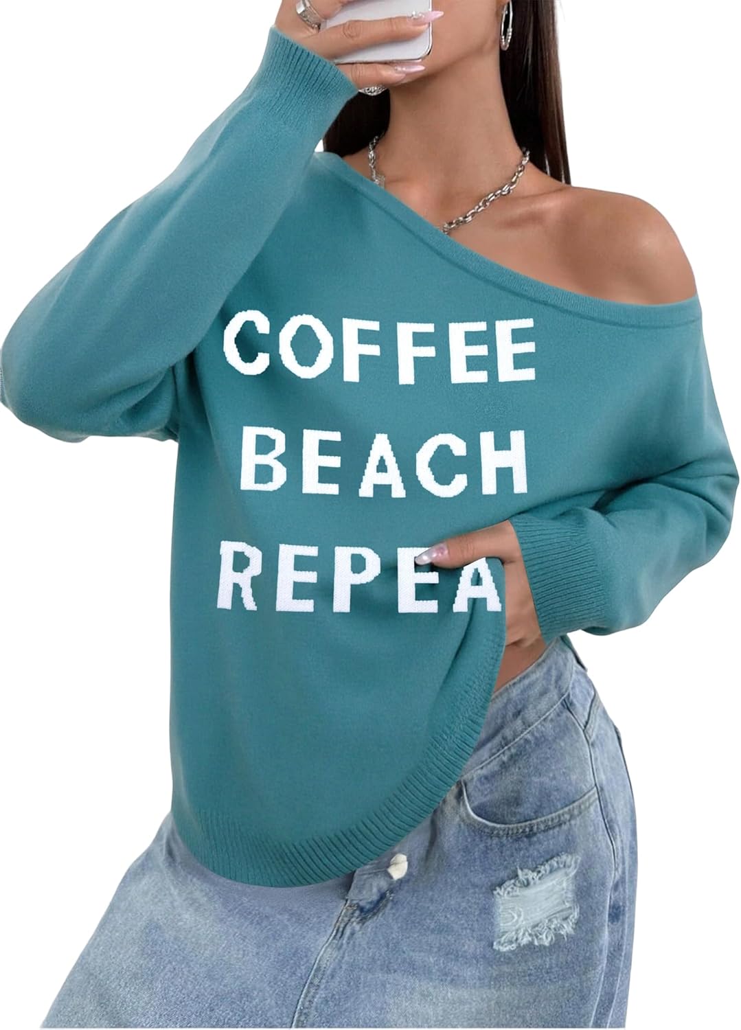 MNLYBABY Off The Shoulder Knitted Graphic Sweater Drop Shoulder Sweatshirt Loose Pullover Casual Long Sleeve Tops