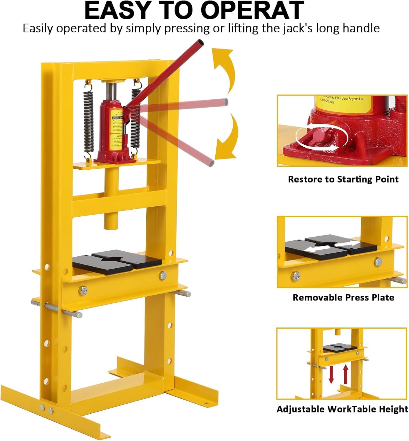 GarveeTech Hydraulic Press 6 T Hydraulic Shop Press, H-Frame Garage Floor Benchtop Press Adjustable Shop Press with Plates, Adjustable Working Table Height, for Gears and Bearings, Yellow