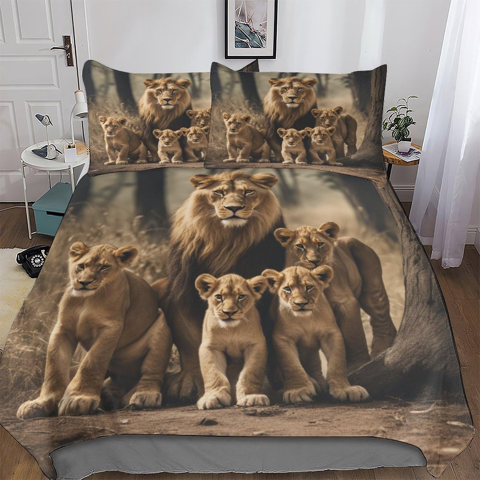 Housse de couette lion zippée 200x200 cm en microfibre anti-plis pour lit 2 personnes