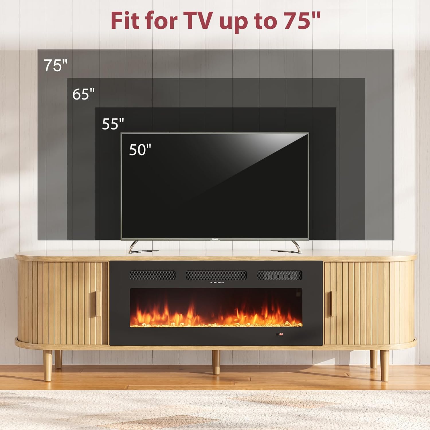 70" Mid Century Modern TV Stand with Fireplace, Fluted Fireplace TV Stand, Entertainment Center with Sliding Door, TV Console with Solid Wood Legs for Living Room, Oak