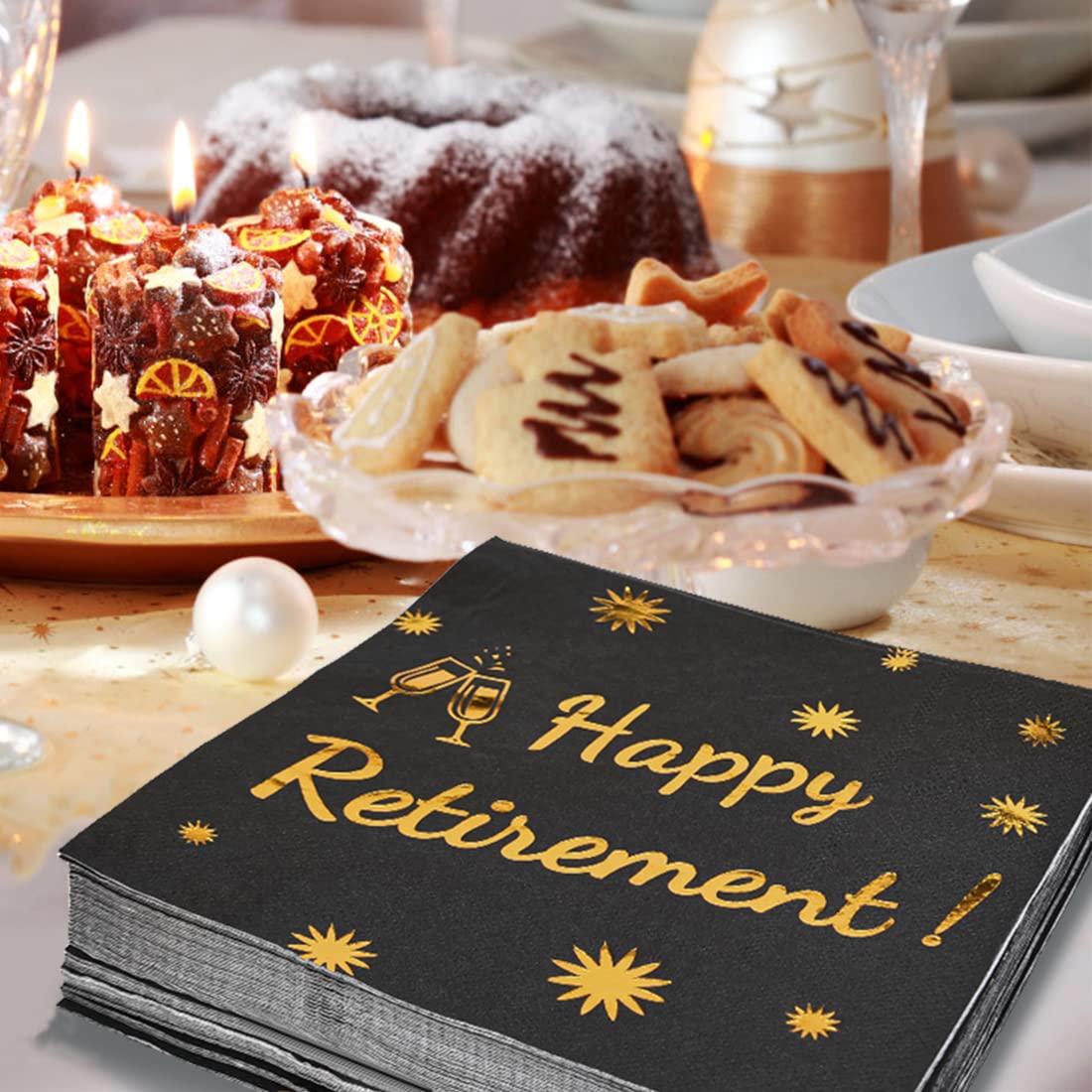 Happy Retirement Servietten – 20 Stück, 16,5 X 16,5 Cm, Schwarz-gold, Für Abschiedsparty & Ruhestandsfeier