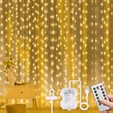Fairy Curtain Lights,300 LED Warm White Curtain Lights,8 Modes 9.8×9.8Ft Waterproof Window Curtain String Light USB&Battery Powered with Remote Control,String Lights Curtain for Indoor,Outdoor