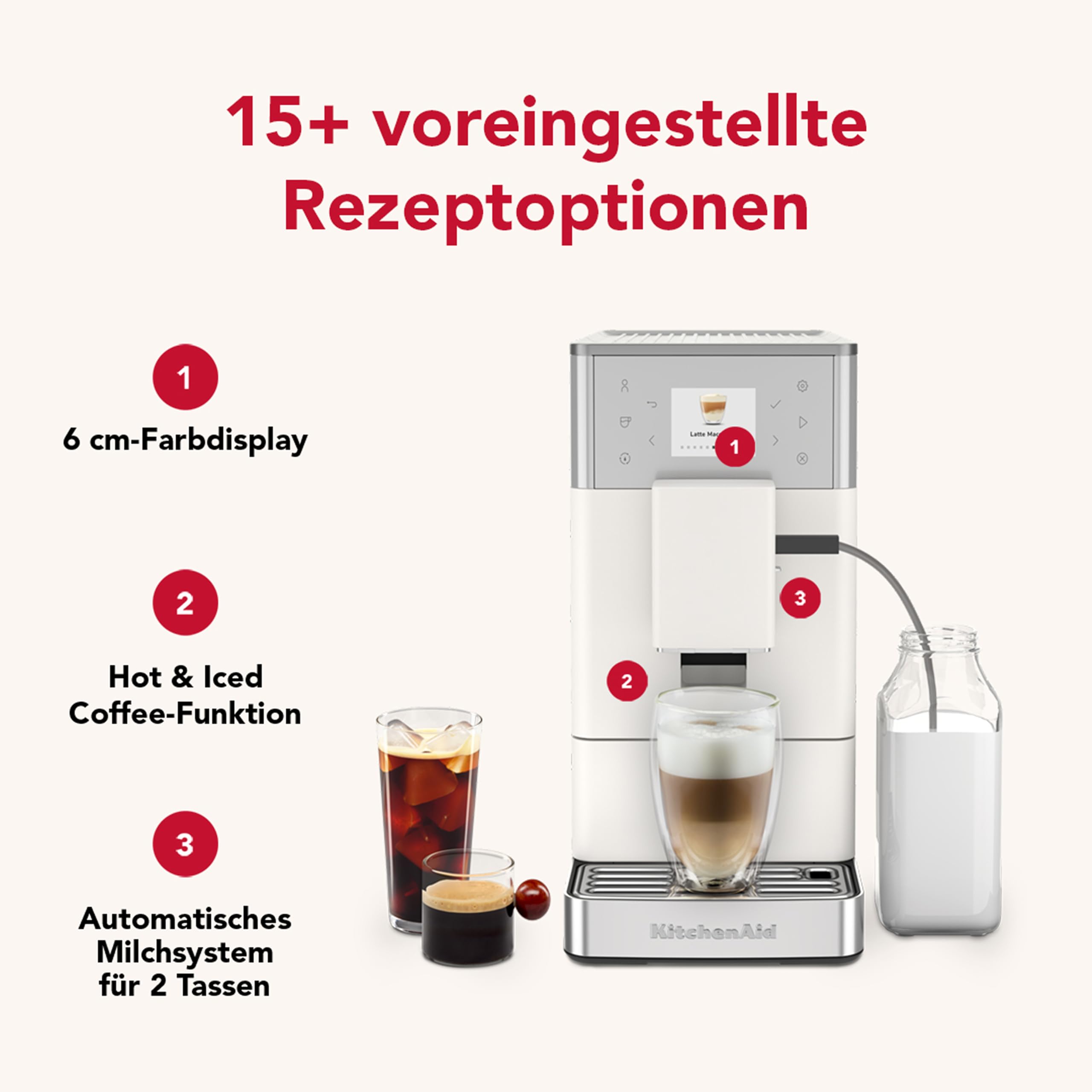 KitchenAid KF3 Kaffeevollautomat, AutoMilk-System, IntelliGrind-Mahlwerk, 15+ Rezepte, Iced Coffee, 6cm Farbdisplay, 15-18 Bar, Porzellanweiß | AutoMilk-System, IntelliGrind-Mahlwerk, 15+ Rezepte, Iced Coffee, 6cm Farbdisplay, 15-18 Bar
