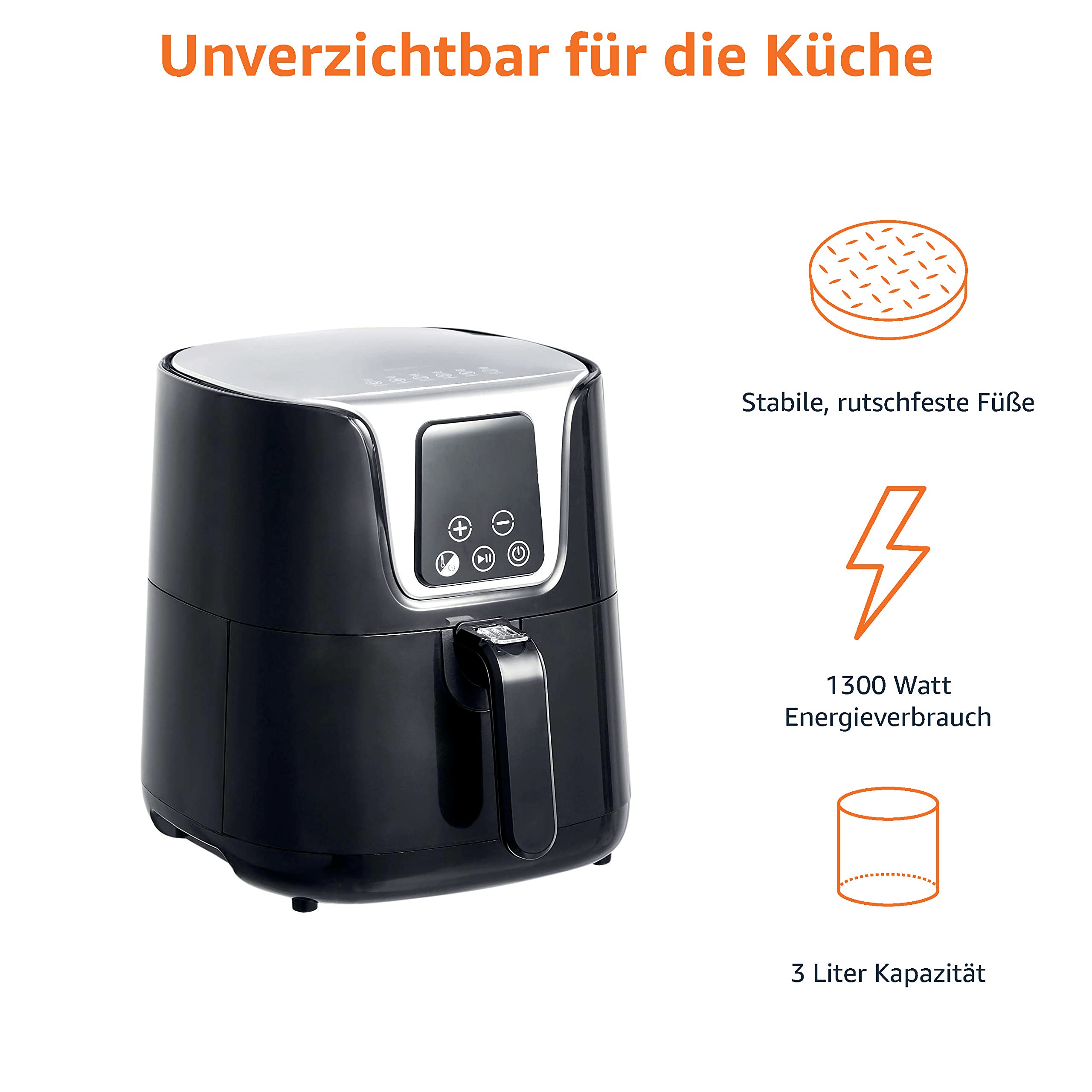 Amazon Basics 4-Liter-Heißluftfritteuse, digitales LED-Display, Timer, 1300W, Air Fryer für Frittieren, Backen, Grillen, Braten, Schwarz/Chrom