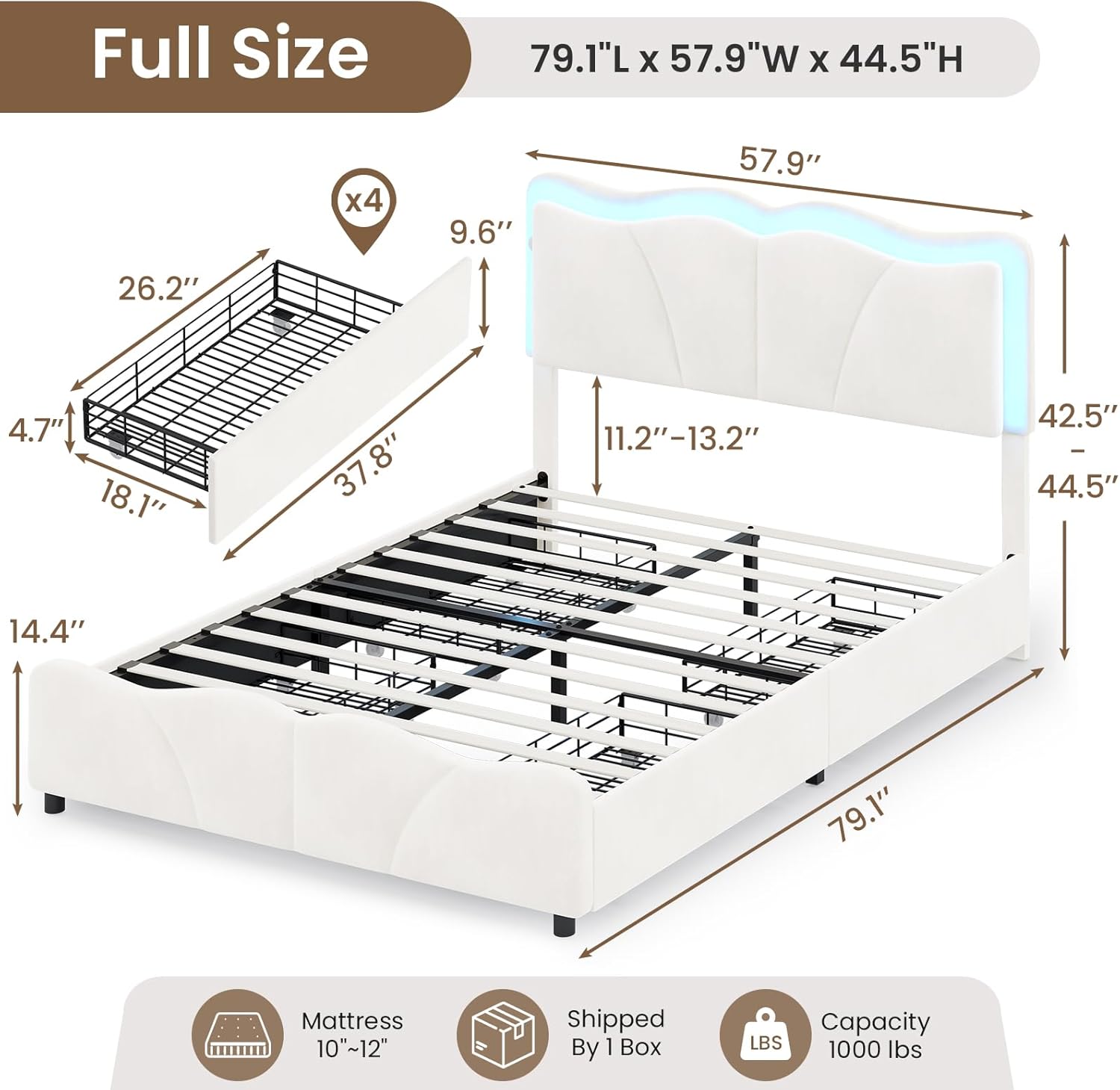 Full Size Upholstered LED Bed Frame with Adjustable Chic Petal Headboard, Velvet Platform Storage Bedframe with 4 Drawers and Charging Station, No Box Spring Needed, Wooden Slats Support, Beige