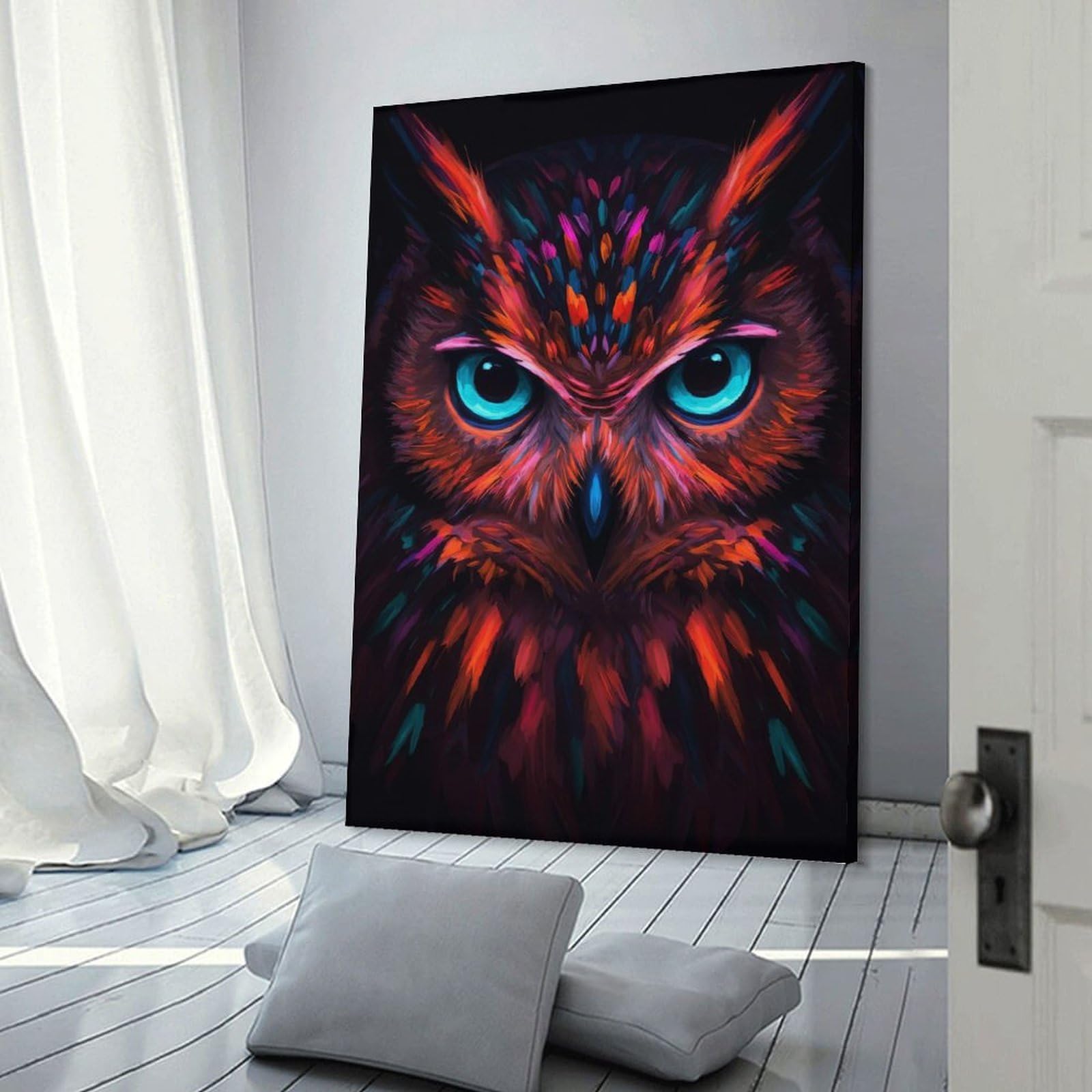 Junmoney Frame-Style-2 Owl Portrait In Neon Colors Canvas Wall Picture, 24X36inch(60X90cm), For Living Room, Bedroom Or Apartment Walls, Decorative Artwork For Empty Walls