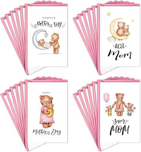 Whaline Tarjetas de felicitación para el día de la madre, paquete de 24 tarjetas de notas para el día de la madre con sobres, 4 diseños lindos con
